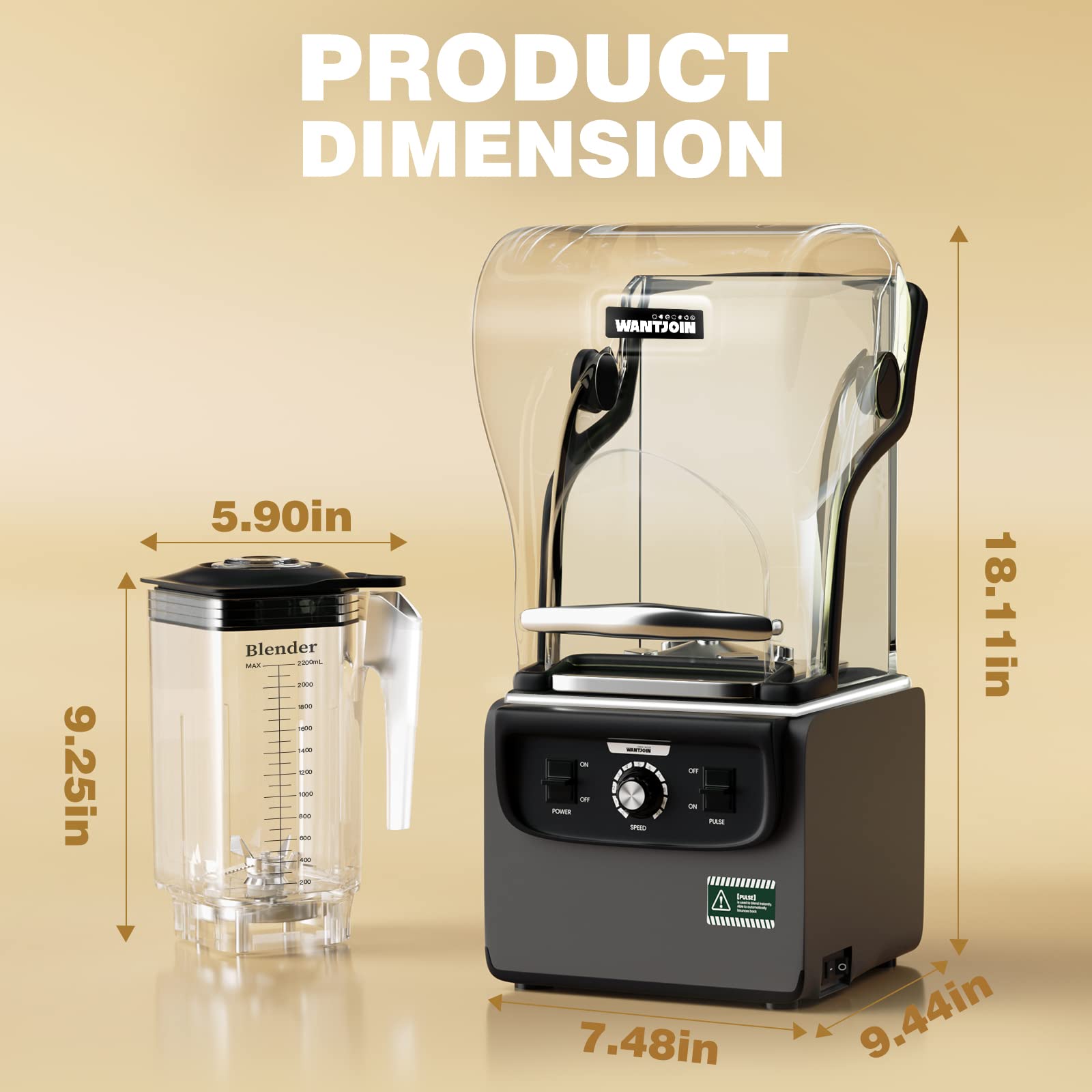 Wantjoin 1800W Professional Commercial Blender - 2200ml Large Capacity, Quiet & Soundproof Design for Smoothies, Ice Crushing, Puree - Perfect for Home Kitchen, Restaurants & Cafes (Grey)