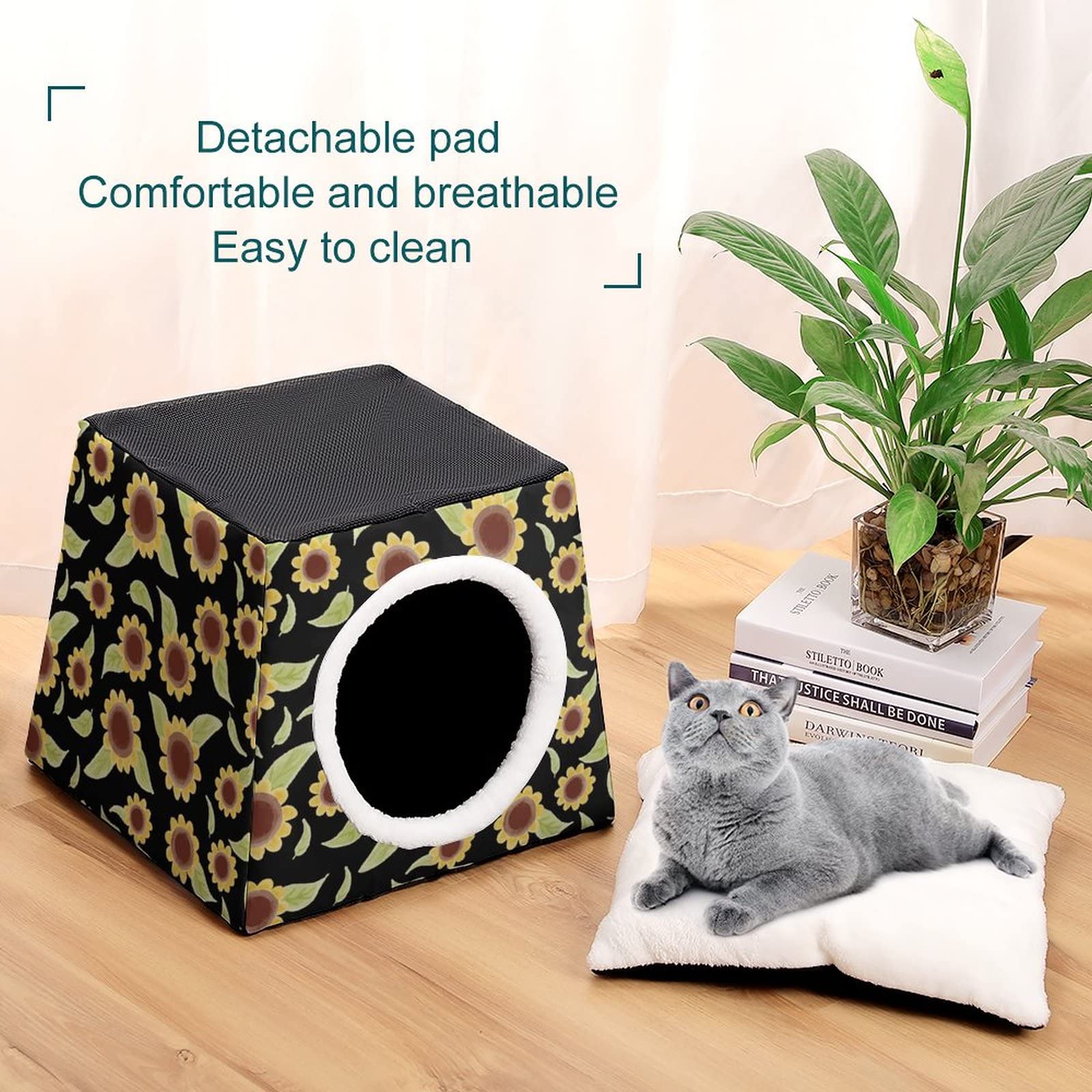 Printed Cat Houses & Condos - Foldable Cat Cube Bed with Removable Sunflower Pillow - Cozy Pet Sofa for Indoor Cats - Perfect for Napping, Playing & Relaxing in Home