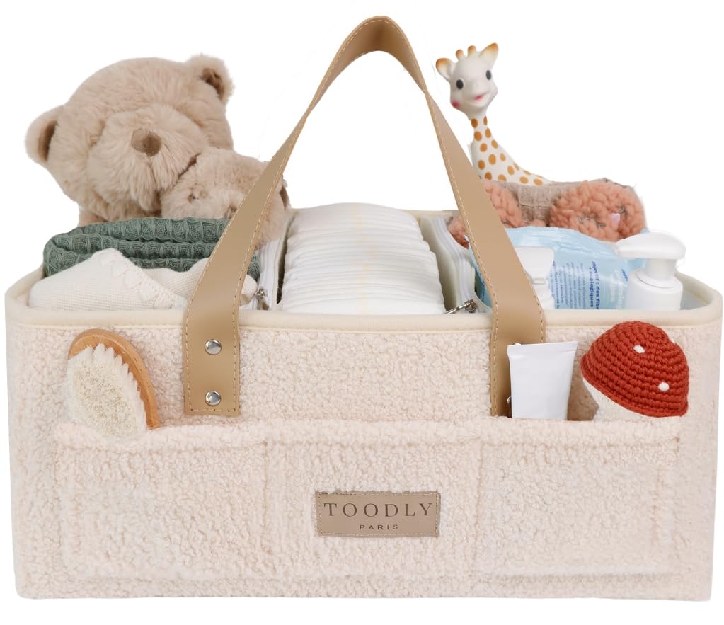 **Baby Diaper Caddy Organizer - Nursery Storage Basket with Handle, Beige Teddy Sherpa | Baby Shower Gift, Registry Must-Have & Newborn Essentials | Perfect for Diaper Changes, Baby Care & Nursery Organization**