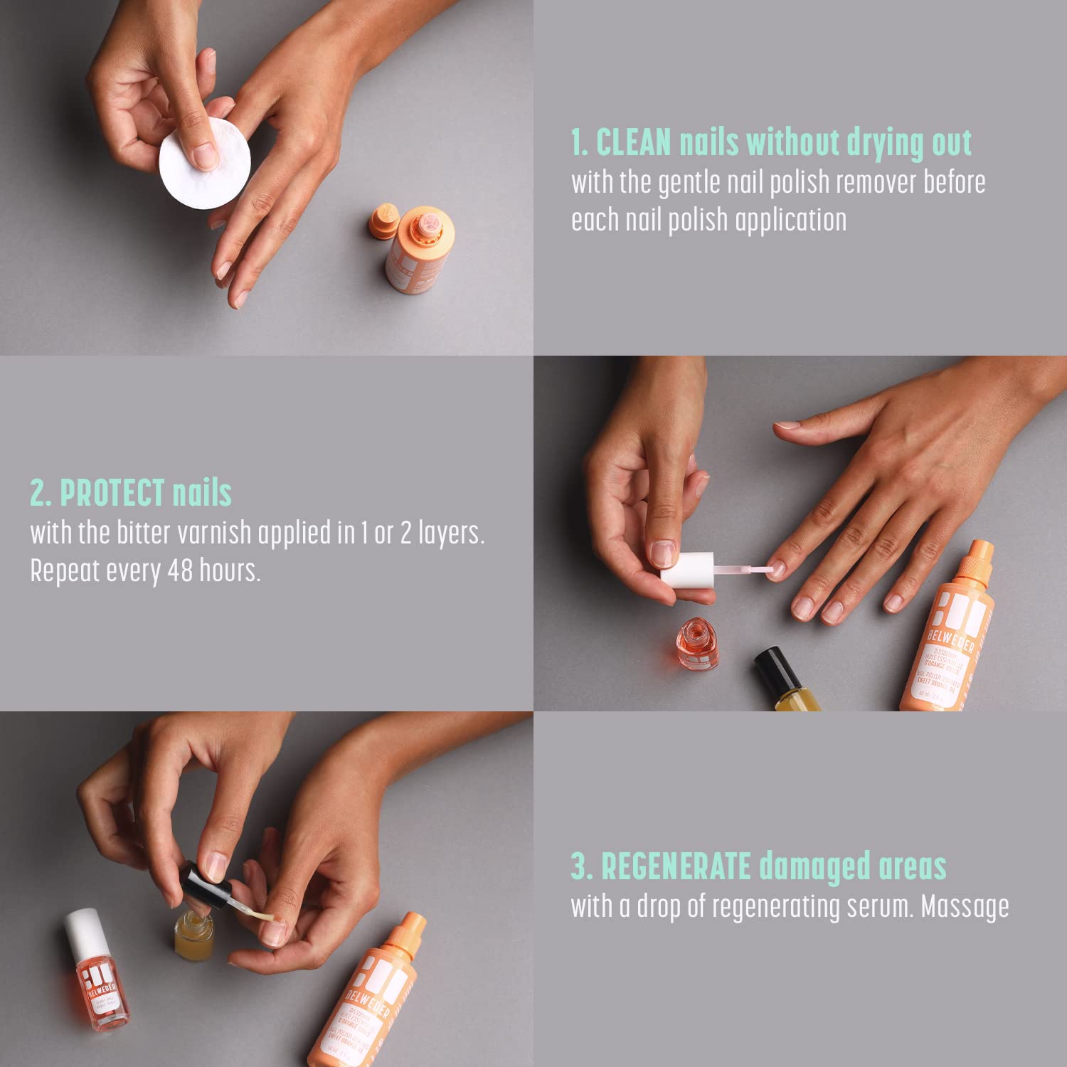BELWEDER Nail Care Kit for Broken Nails - Repair, Protect & Clean with 2x 7.5ml Bitter Polish, 7.5ml Regenerating Serum & 60ml Mild Nail Polish Remover - Perfect for Damaged Nails Treatment at Home or Salon