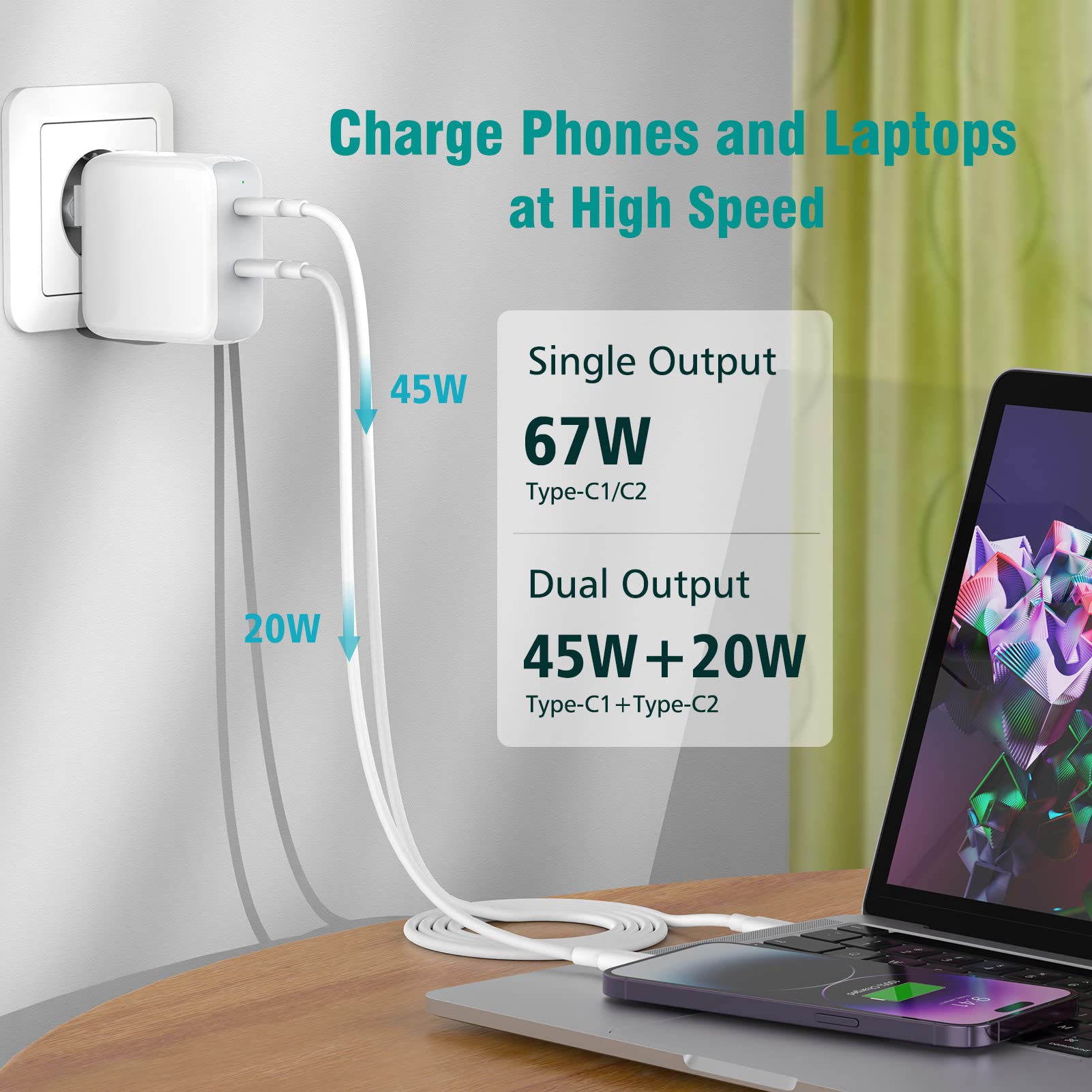 67W USB C Charger for MacBook Air/Pro 13 14 15 16 Inch (2020-2024) & iPad Pro/Air - Fast Charging Power Adapter with 6.6FT Cable - Perfect for Home, Office & Travel Use