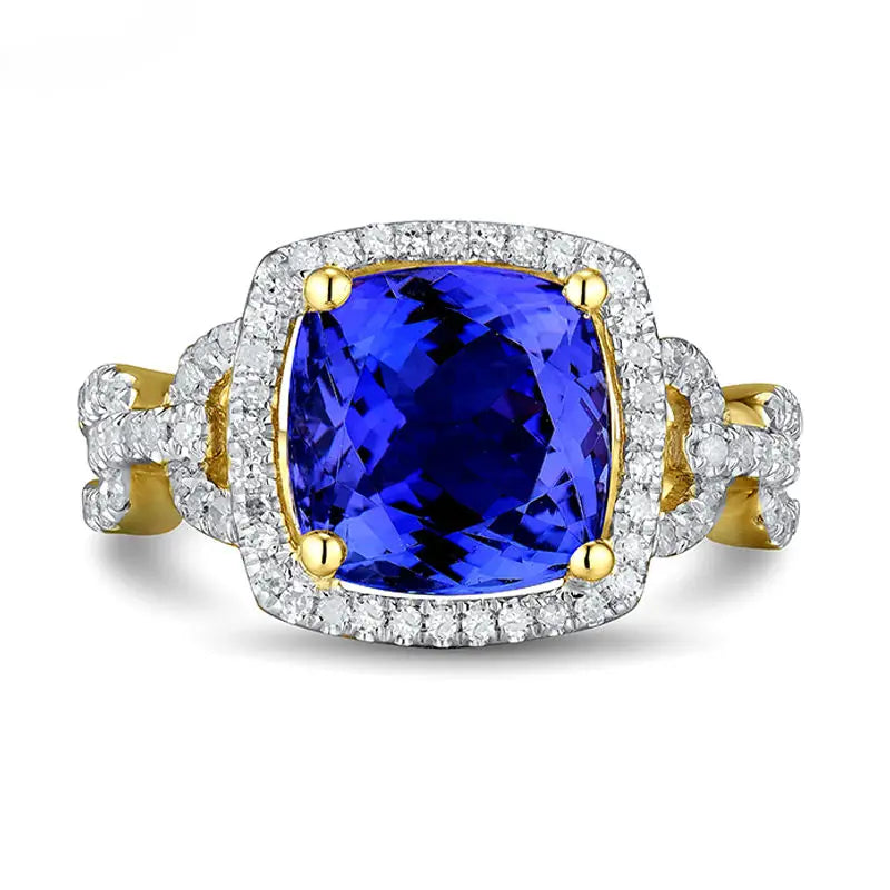 Vintage 14K Yellow Gold Cushion Cut Tanzanite & Diamond Wedding Ring for Women - Elegant Bridal Jewelry, Engagement Ring, Anniversary Gift for Her