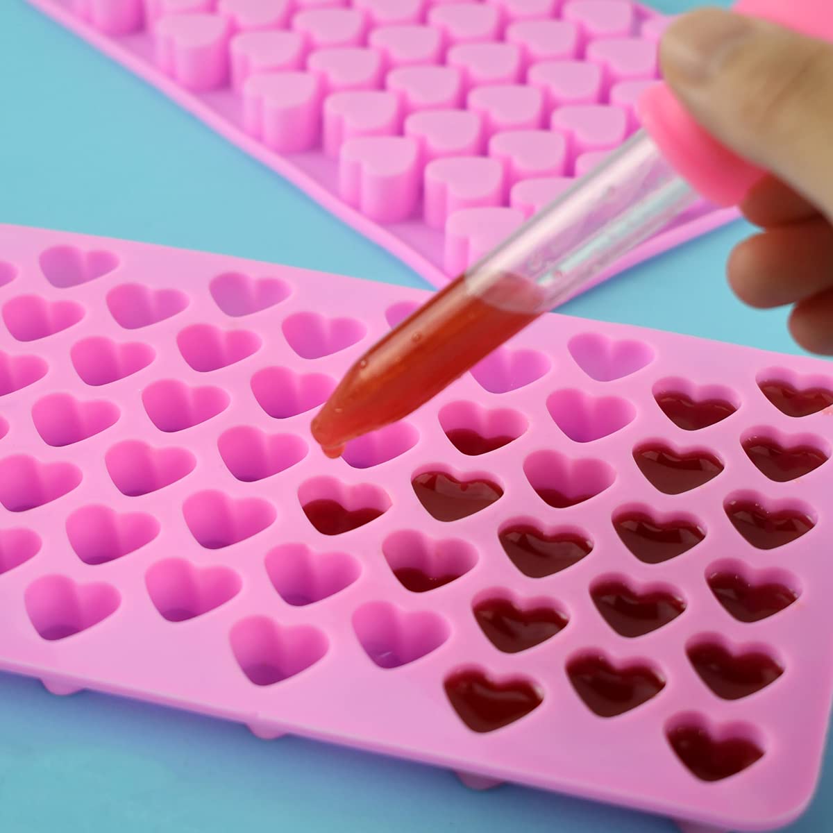2 Pack Silicone Mini Heart Molds with Droppers - Heart Shape Ice Cube & Candy Molds for Chocolate, Gummy, Soap, Jelly, Cake - Baking & DIY Crafts - Perfect for Valentine's Day, Parties & Home Decor (Pink)