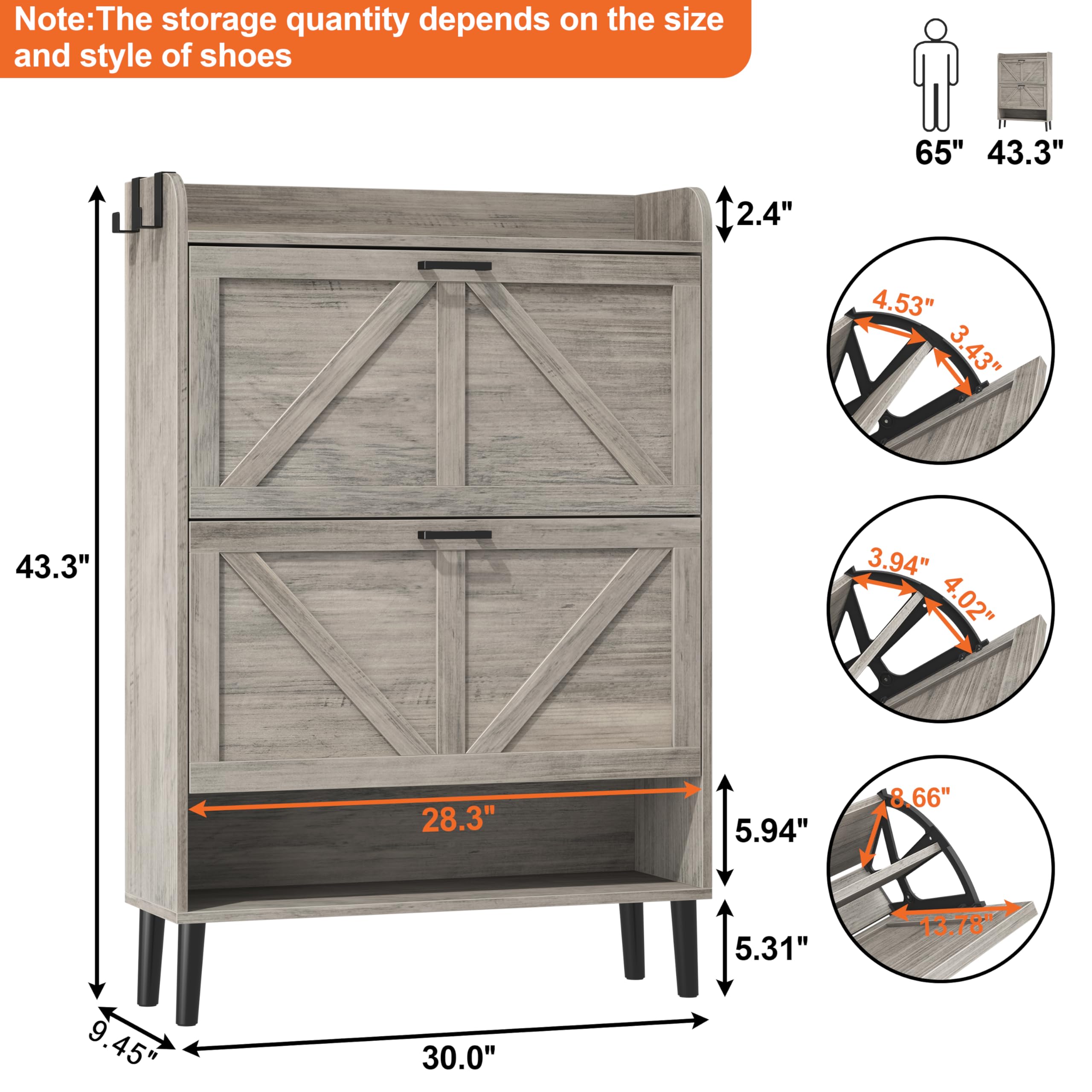 HOMEFORT Slim Shoe Storage Cabinet with 2 Flip Drawers - Narrow Wooden Entryway Shoe Organizer with Farmhouse Style Legs - Washed Gray Hidden Shoe Cabinet for Front Door Entrance - Perfect for Small Spaces & Apartment Living