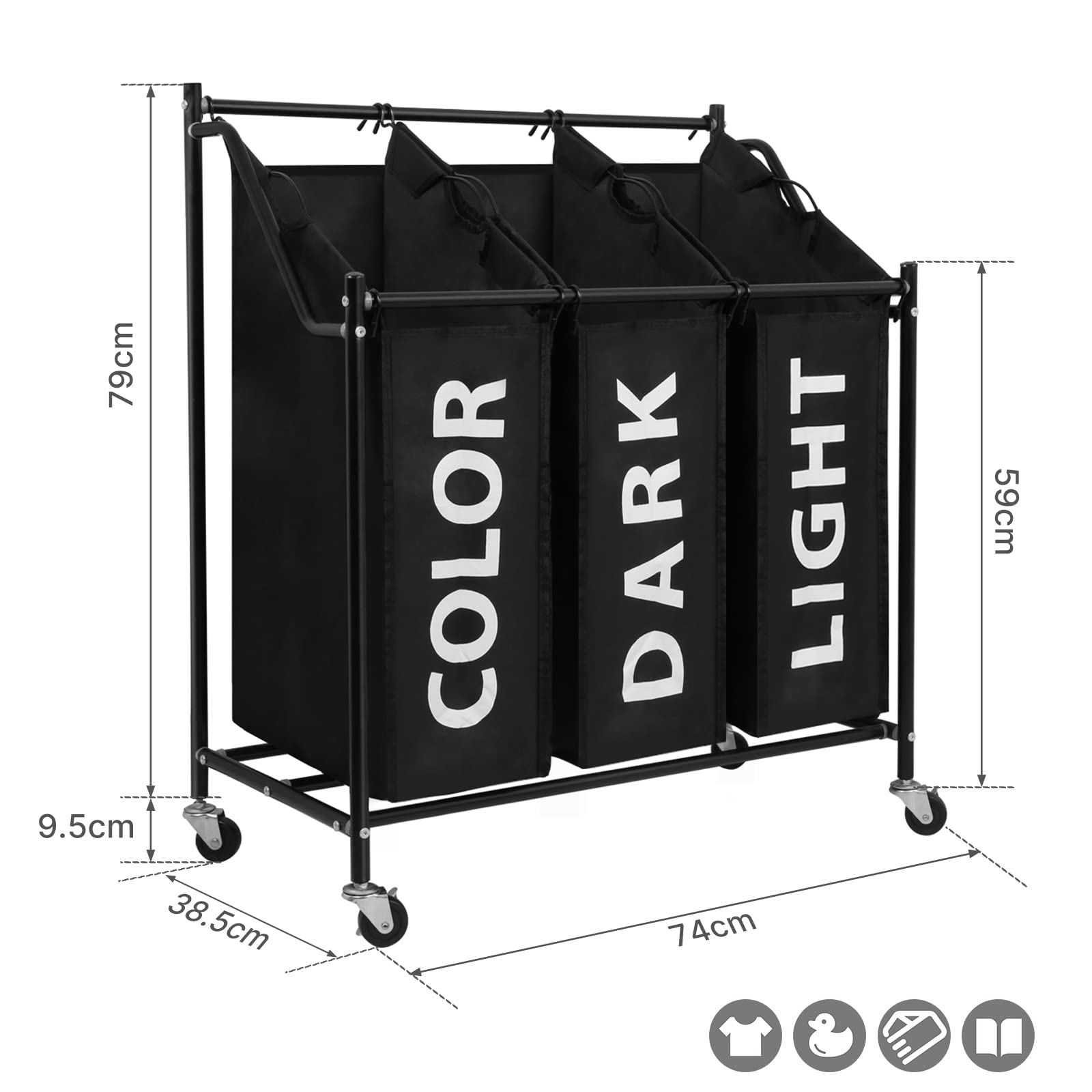 3-Section Laundry Hamper with Wheels & Removable Fabric Bags - 45L x 3, Metal Frame, Black - Perfect for Bedroom, Laundry Room & Dorm Organization