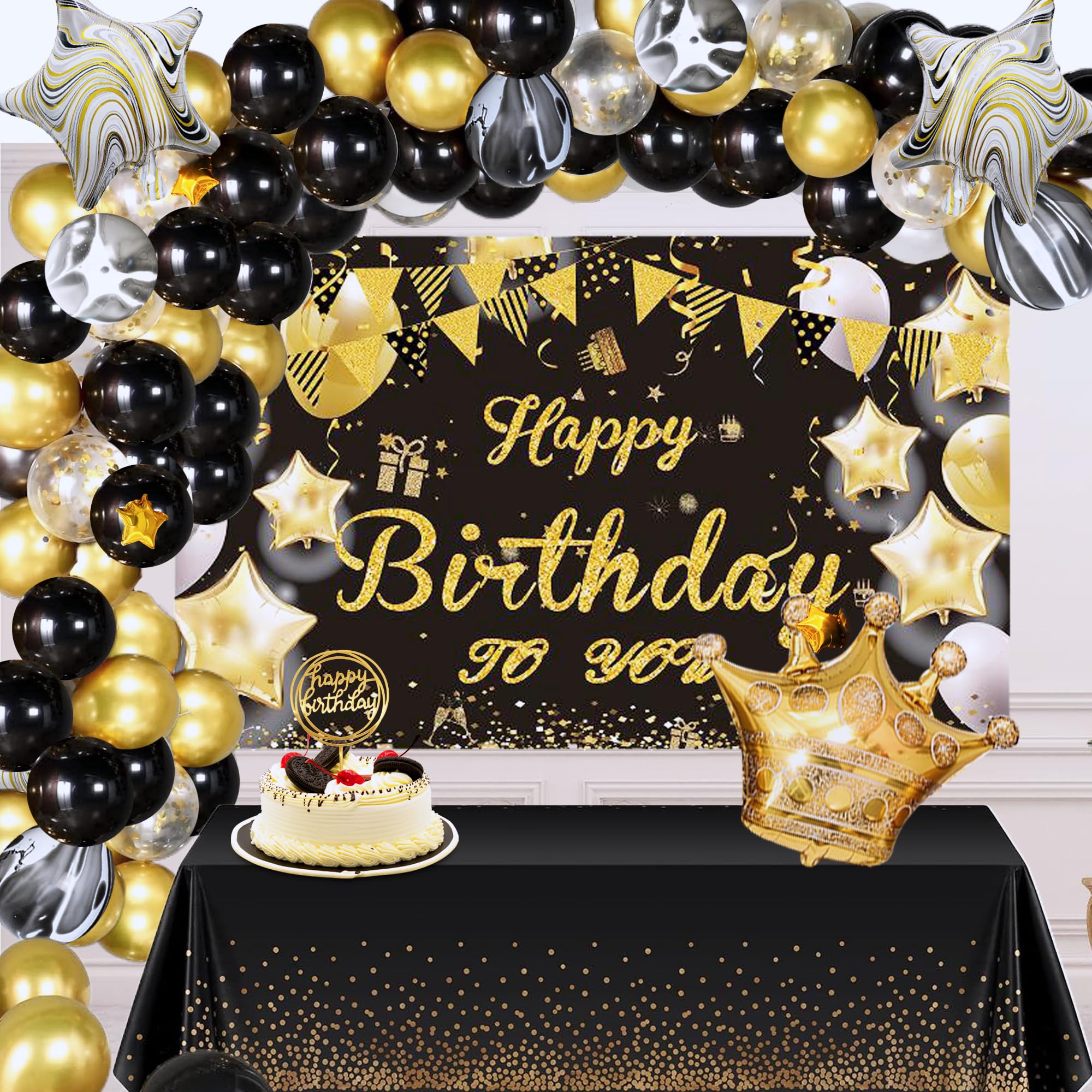KATBUU Gold & Black Happy Birthday Decorations for Women & Girls - Elegant Party Supplies for Birthday Celebrations, Baby Showers & Special Events