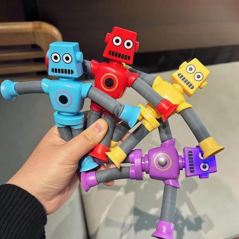 Stretchy Telescopic Robot Pop Tubes - 4 Pack Fidget Sensory Toys for Kids with Suction Cups | Autism Stress Relief, Easter Basket Stuffers, Classroom Party Favors | Perfect for Boys, Girls, Toddlers, School & Home Play
