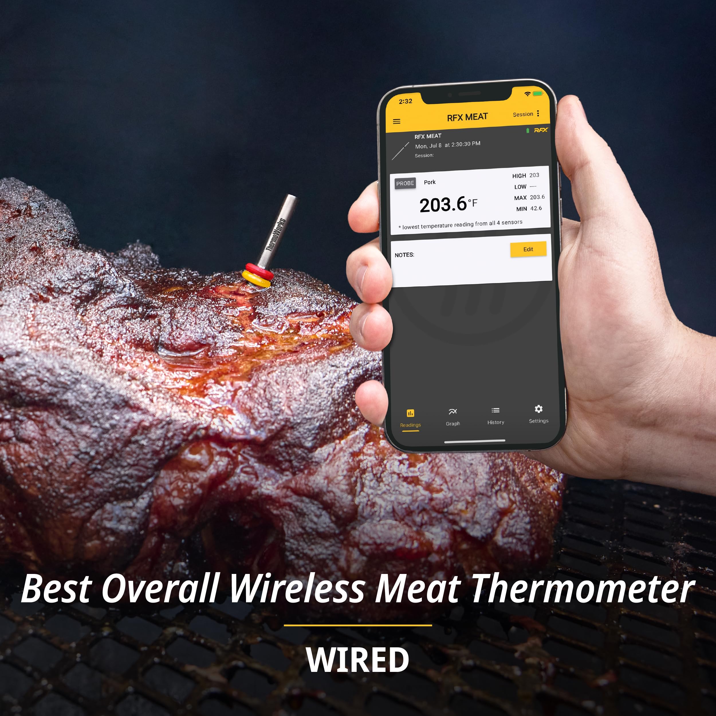 RFX Wireless Meat Thermometer - 1-Probe Digital Cooking Thermometer for Grilling, Smoking & BBQ | Long Range Bluetooth Smart Food Thermometer for Indoor & Outdoor Use