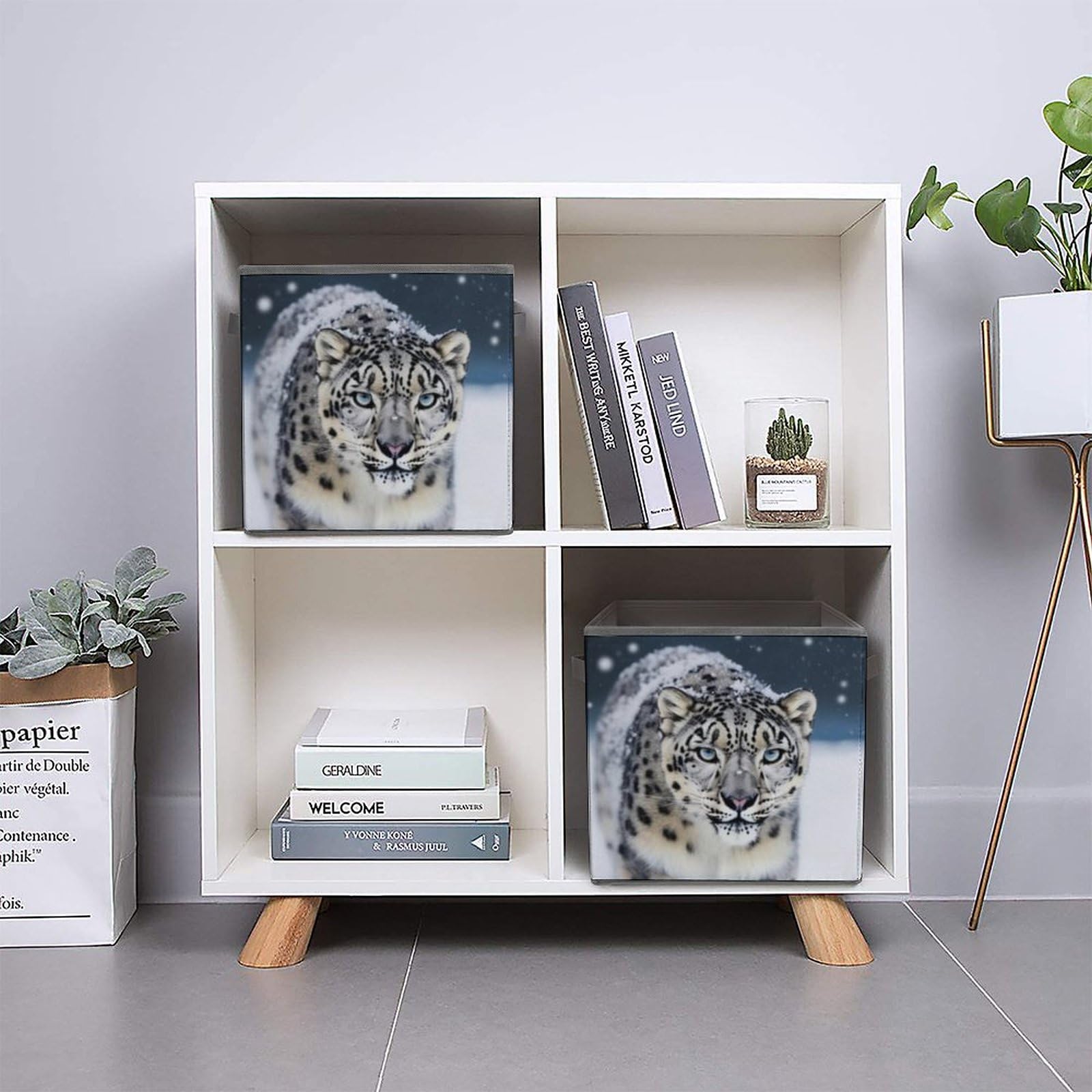 Foldable Blue Eyed Snow Leopard Storage Cubes with Handles - Closet Organizer Bins for Clothes, Cabinet & Shelf Organization | Perfect for Bedroom, Nursery & Dorm Storage Solutions