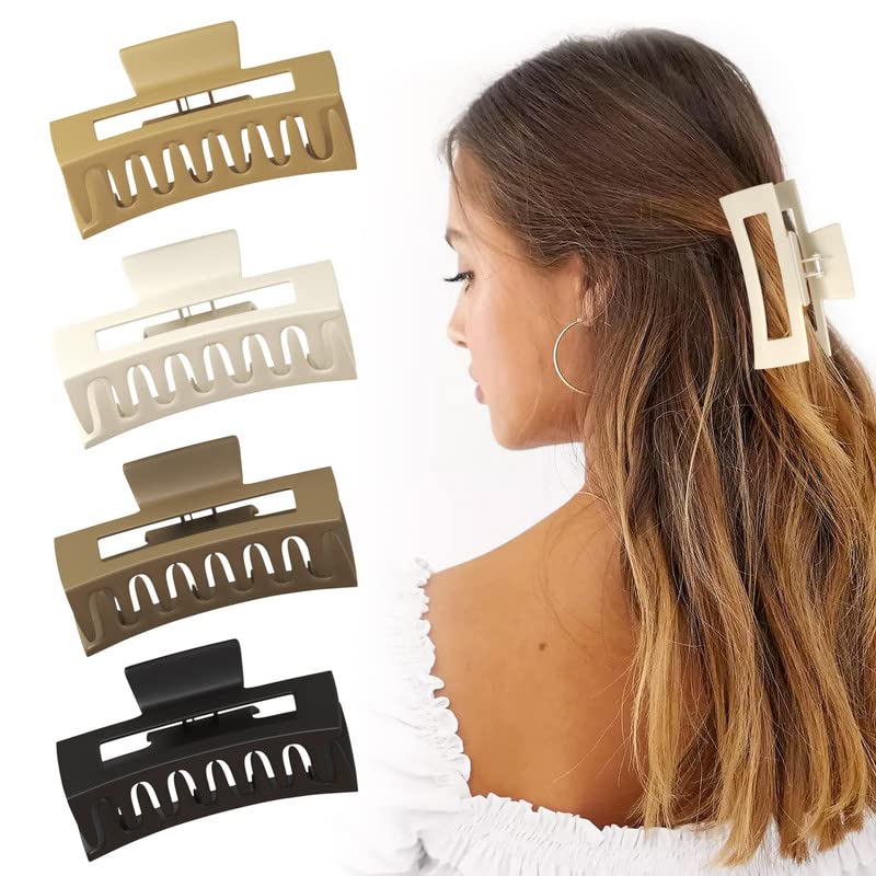 Fameza 4 Pack Large Hair Claw Clips for Thick Hair - 4.3 Inch Big Matte Banana Clips for Curly & Thin Hair - Perfect for Updos, Ponytails & Everyday Hairstyles