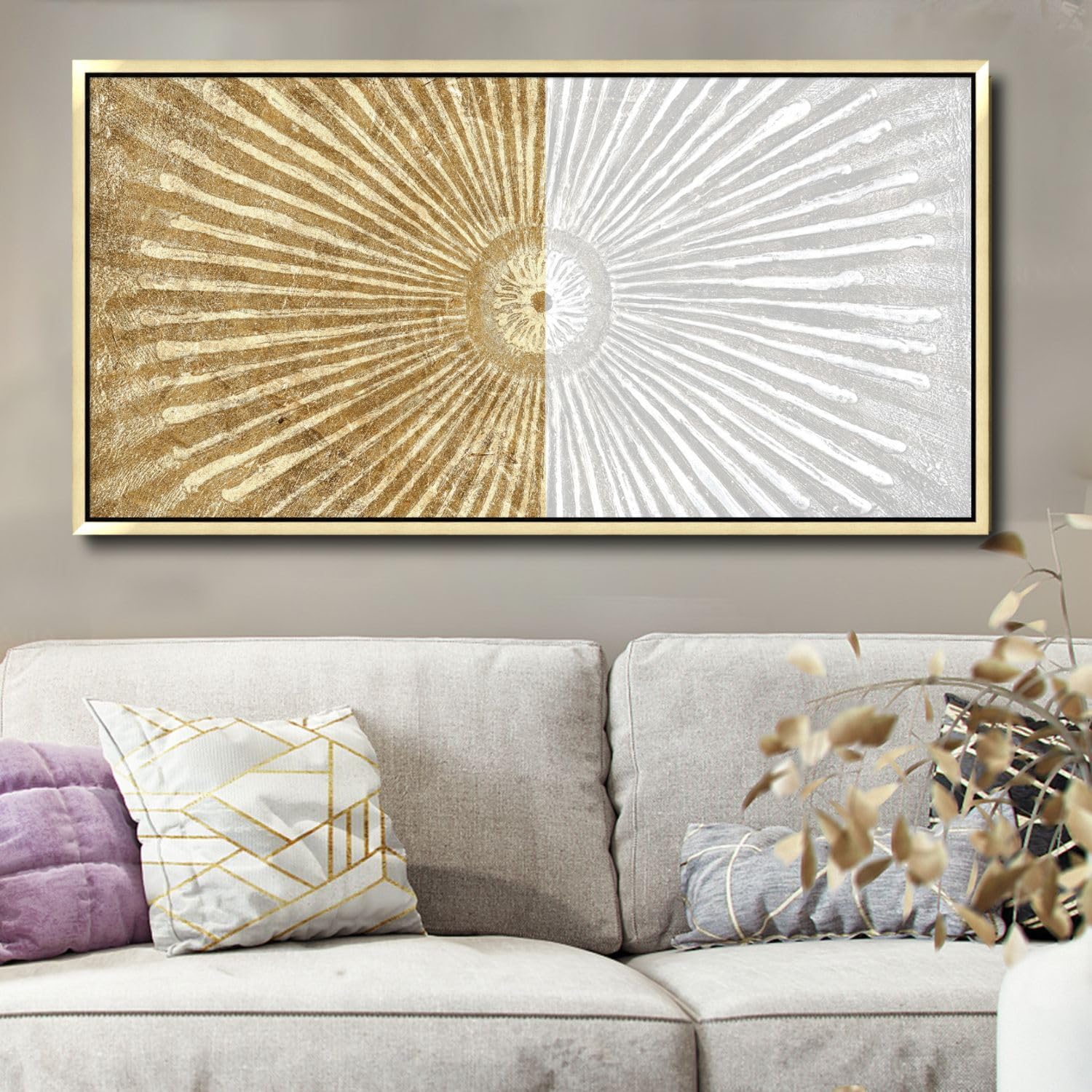 Abstract Modern White & Gold Symmetrical Line Framed Canvas Wall Art - 24