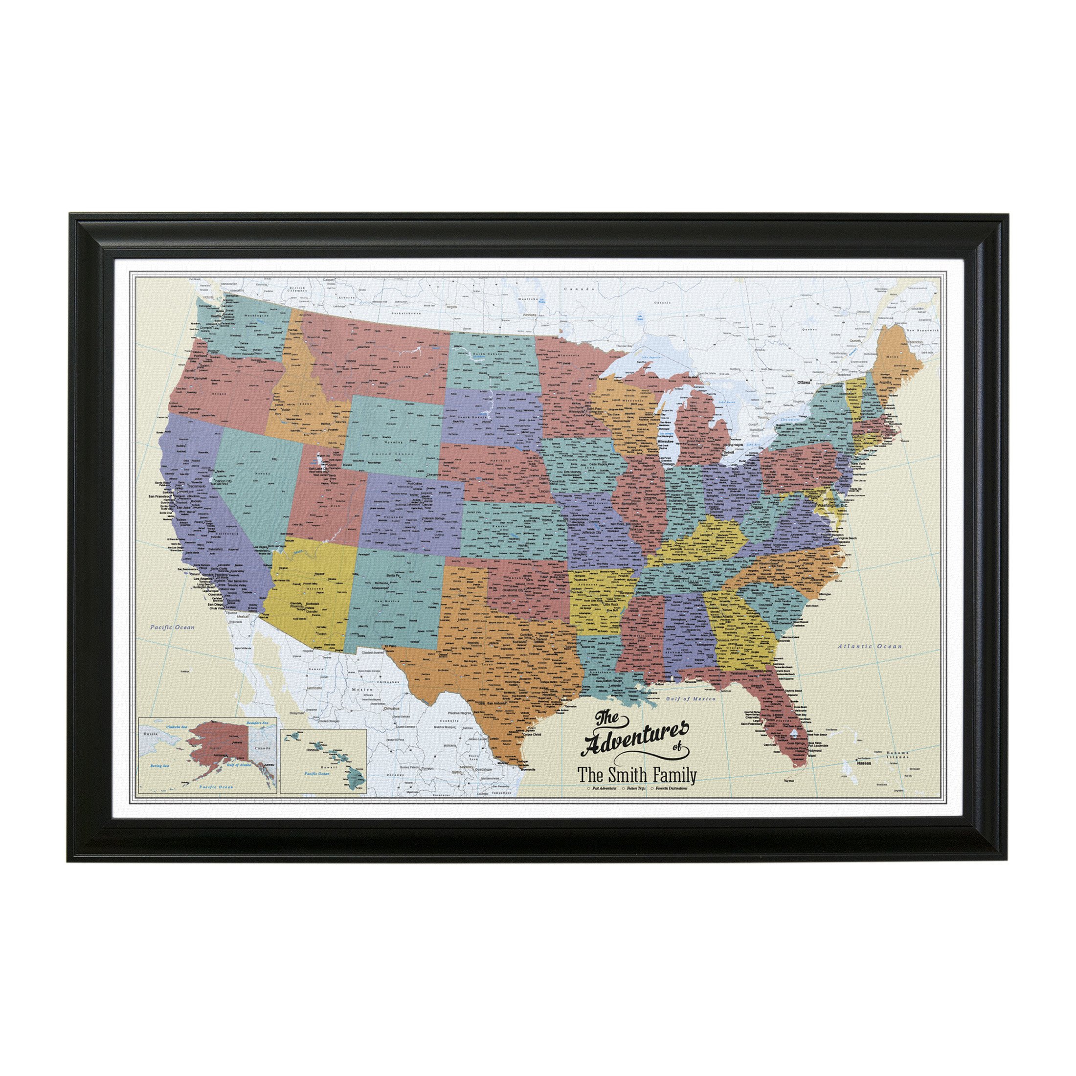 Personalized Tan Oceans USA Push Pin Travel Map with Black Frame - Custom Travel Tracker for Adventure Enthusiasts - Perfect for Home, Office Decor & Trip Planning
