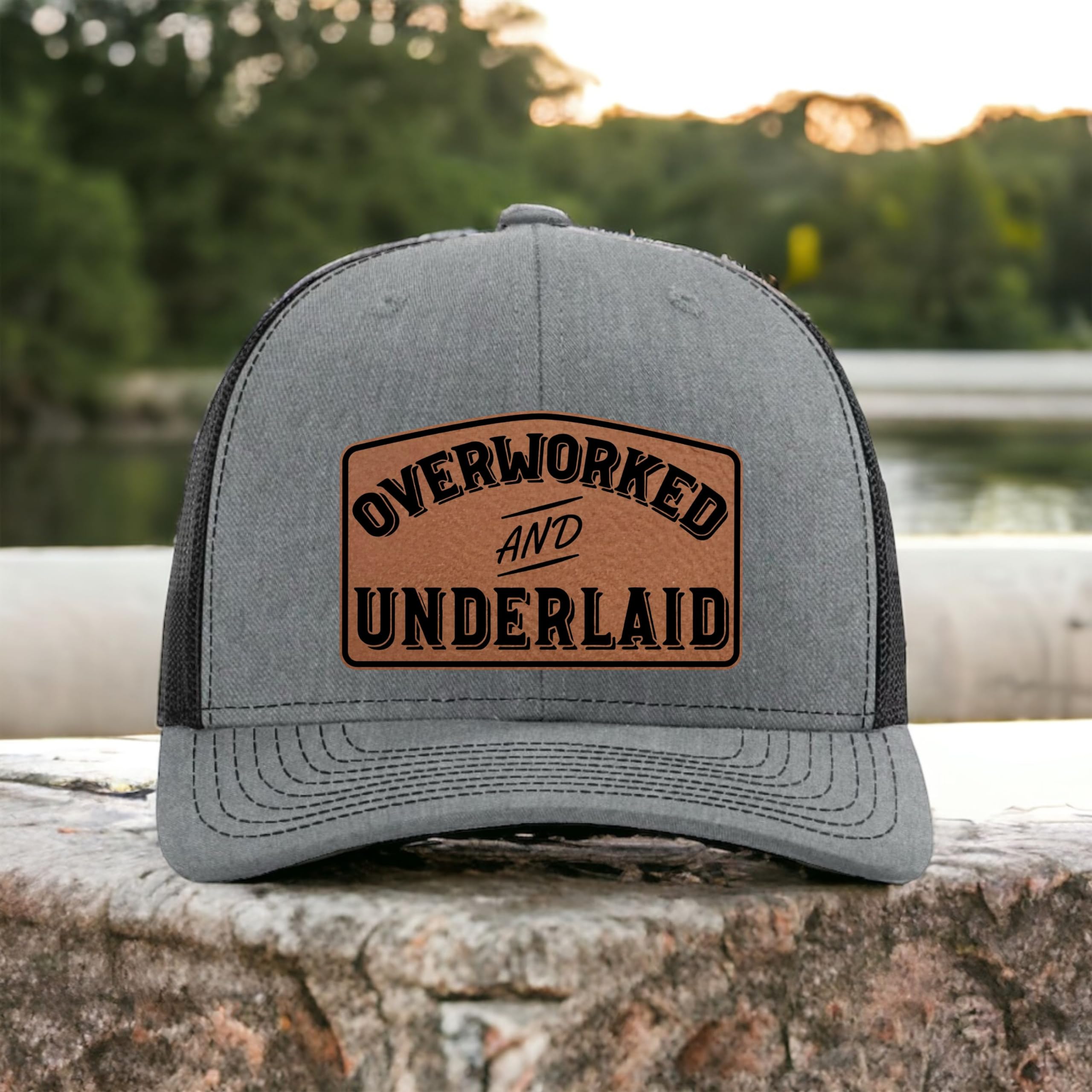 Funny Dad Hats for Men - Overworked & Underpaid Trucker Hat with Leather Patch - Perfect Father's Day Gift from Wife - Great for Grilling, Golfing & Casual Wear 2024