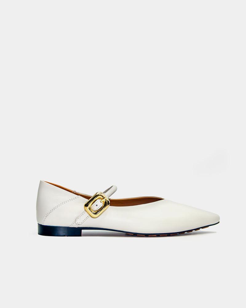 White Calfskin Leather Flat Mary Jane Shoes for Women - Classic Comfortable Ballet Flats for Work, Wedding & Everyday Wear