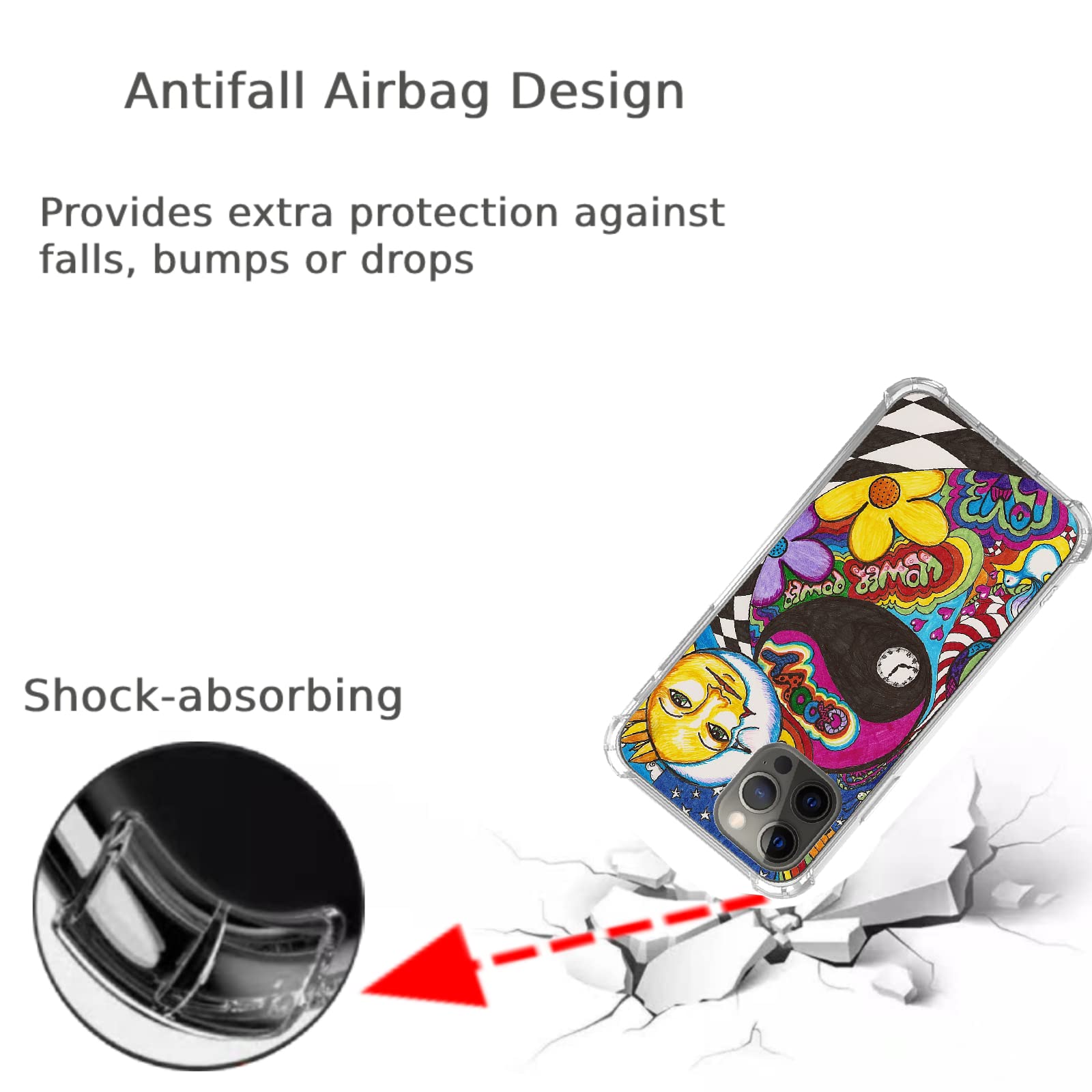 **Trippy Retro Hippie Phone Case for iPhone 12 Pro Max - Psychedelic Sun Moon Design, Soft TPU Bumper Cover for Men & Women - Perfect for Music Festivals, Travel & Boho Style**