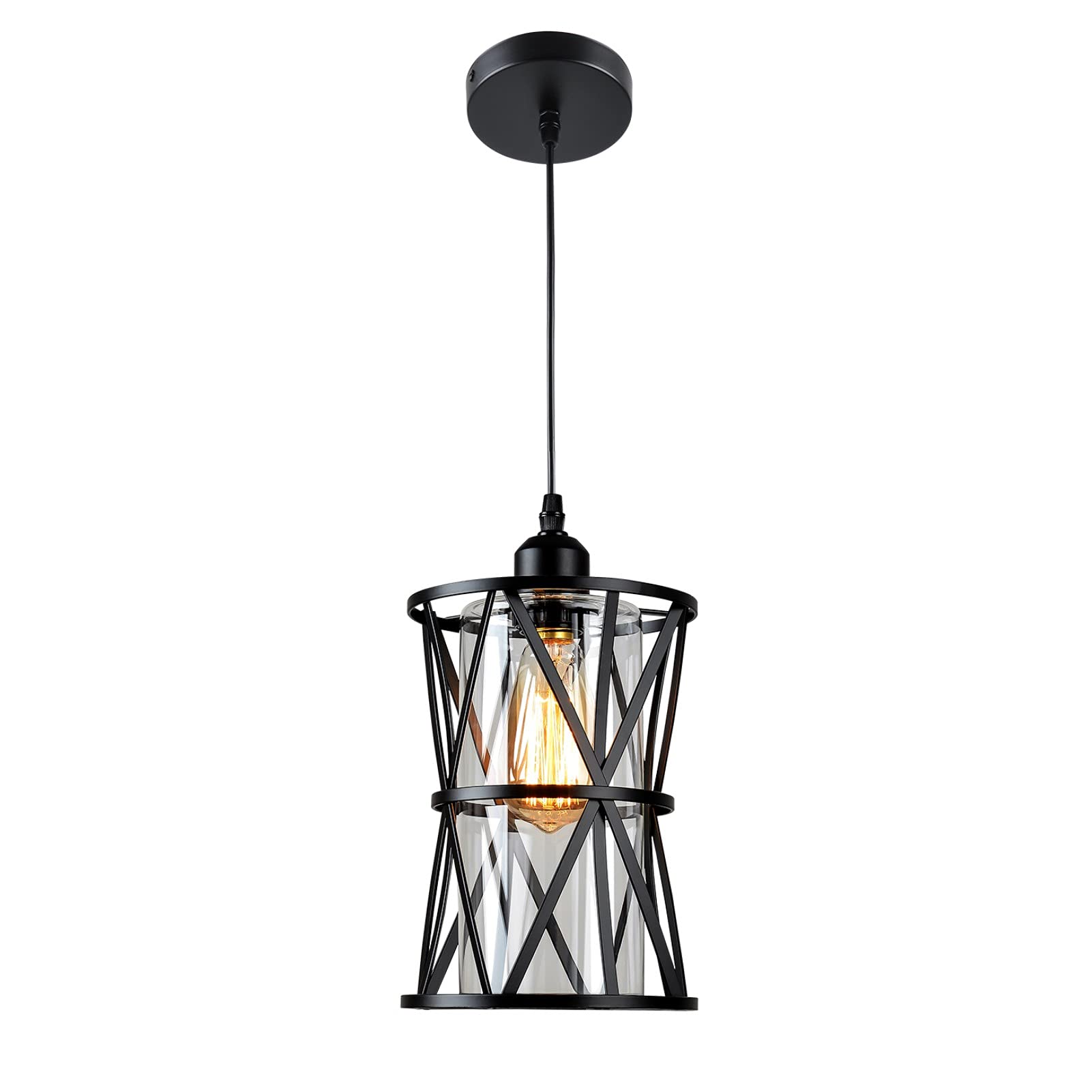 Farmhouse Pendant Light Fixture - Black Swag Chandelier with Glass Shade for Kitchen Island, Dining Room, Hallway & Over Sink | HMVPL Hanging Lamp for Rustic & Modern Home Decor