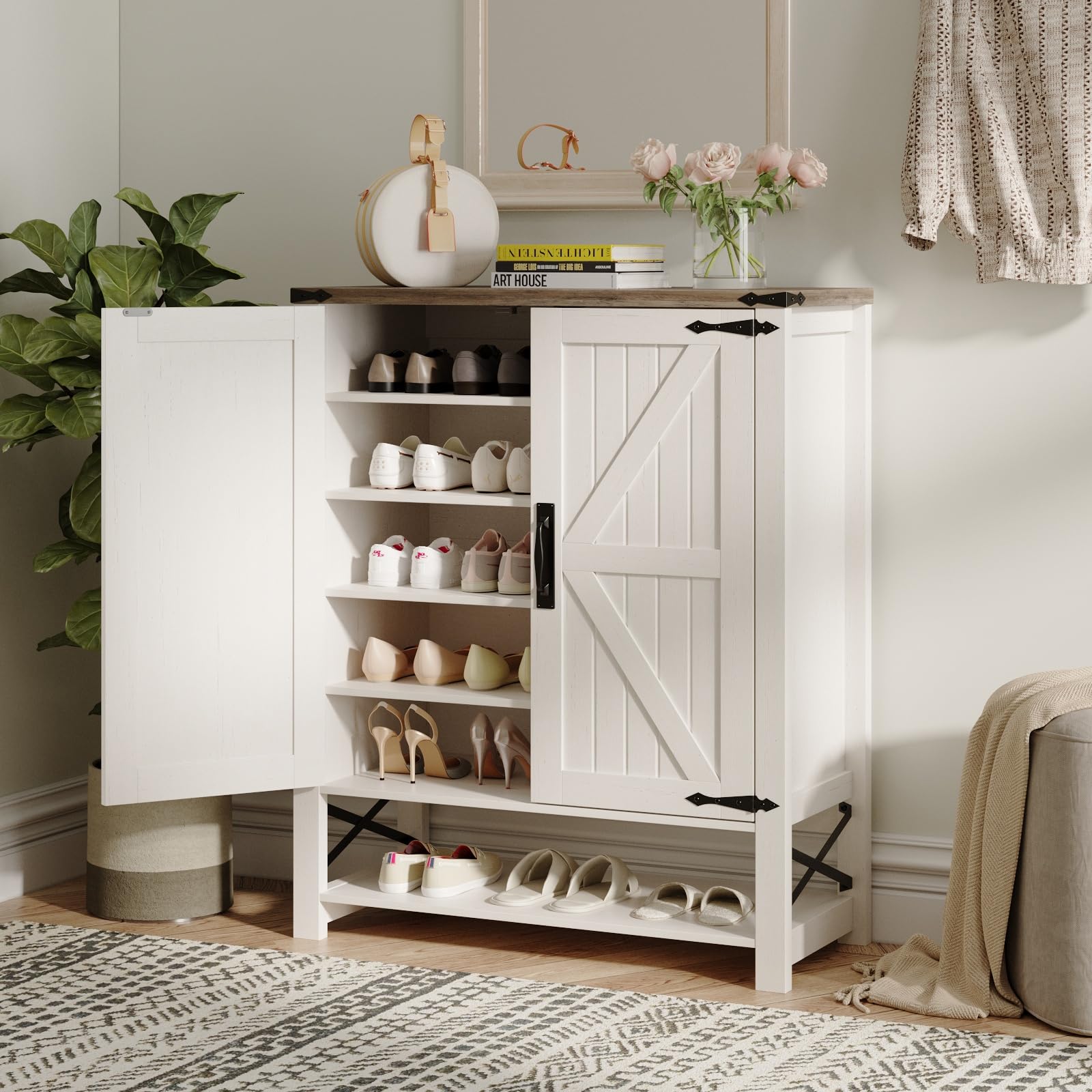Maupvit 6-Tier Wooden Shoe Cabinet with Doors - Adjustable Shelves Farmhouse Entryway Shoe Storage Organizer for Hallway, Living Room & Foyer - Perfect for Small Spaces & Home Organization (White)