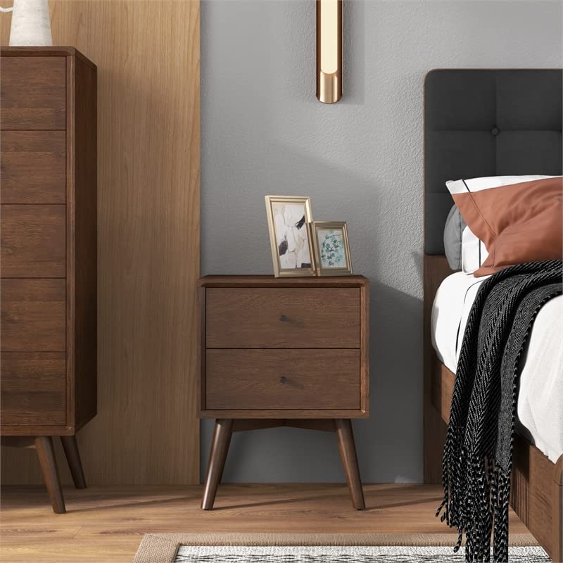 Pemberly Row Walnut Solid Wood Nightstand with 1 Drawer - Bedside Table for Bedroom, Living Room & Guest Room - Rustic Wooden End Table with Storage