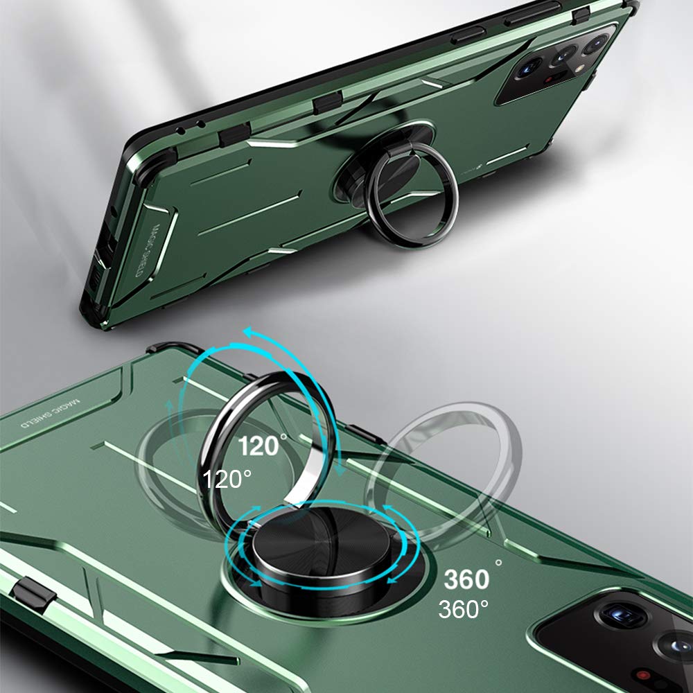 Jonwelsy Shockproof Case for Samsung Galaxy Note 20 Ultra - Soft Silicone & Aluminum Alloy Armor Cover with 360° Rotating Ring Holder, Kickstand & Magnetic Car Mount (Black) | Perfect for Daily Protection, Hands-Free Viewing & Secure Car Mounting