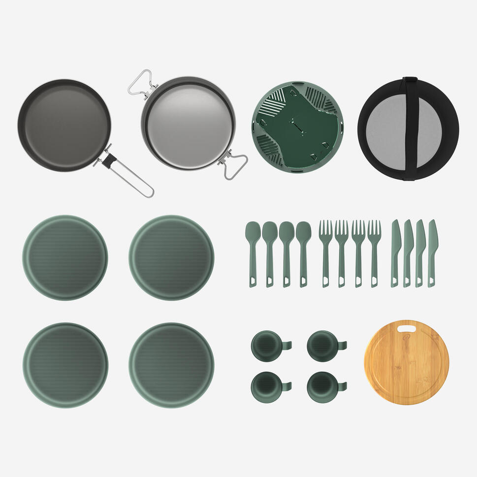 Quechua 500 25-Piece Stainless Steel Nonstick Camping Cookware Set for 4 People - Lightweight Outdoor Cooking Kit for Hiking, Backpacking & Family Camping Trips