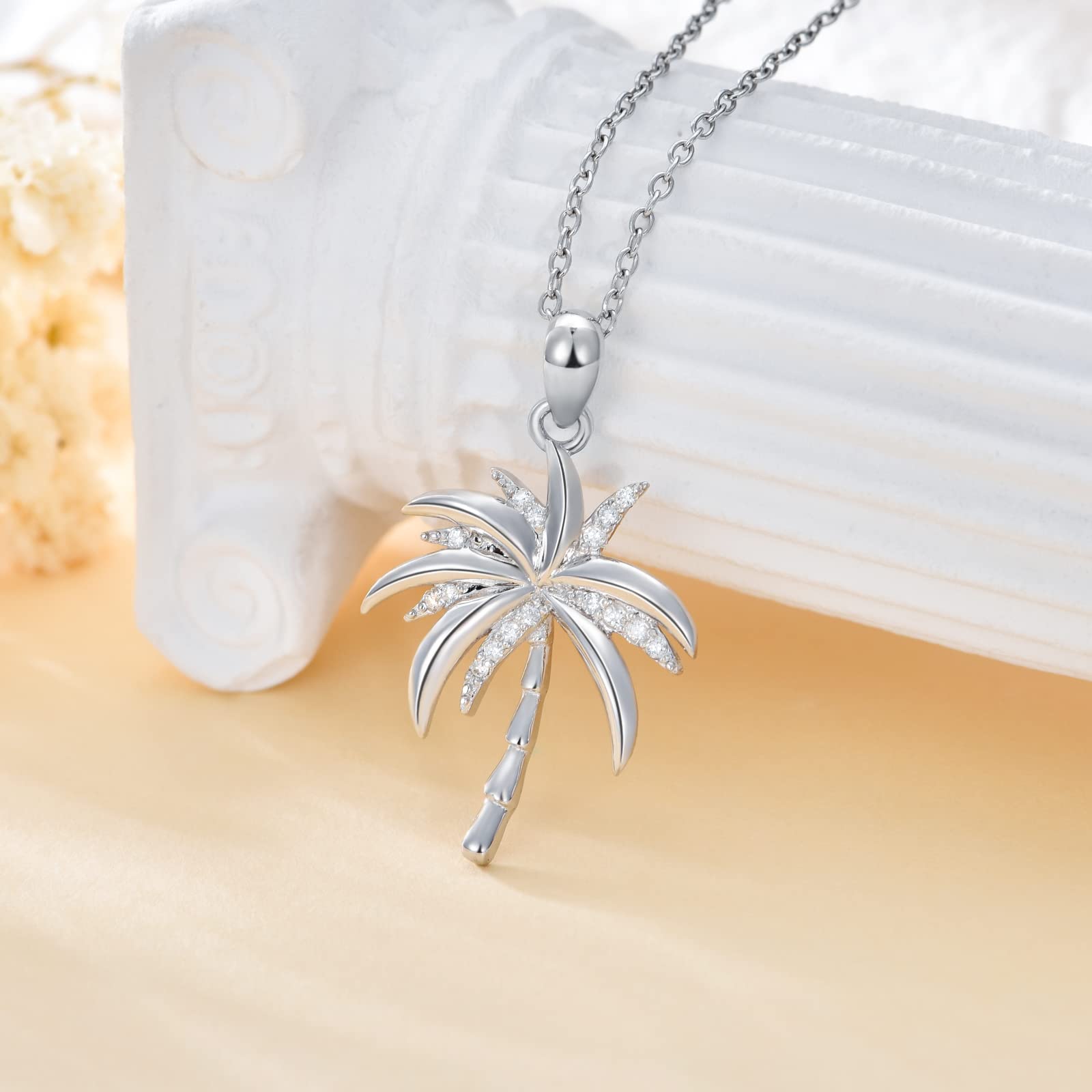 ZBA Natural Diamond Palm Tree Necklace for Women - Sterling Silver/10K/14K Solid Gold Hawaiian Pendant Necklace | Vacation Jewelry, Birthday & Christmas Gift for Her | Perfect for Beach Parties, Tropical Getaways & Summer Fashion (Color F-G, Clarity I1-I2)