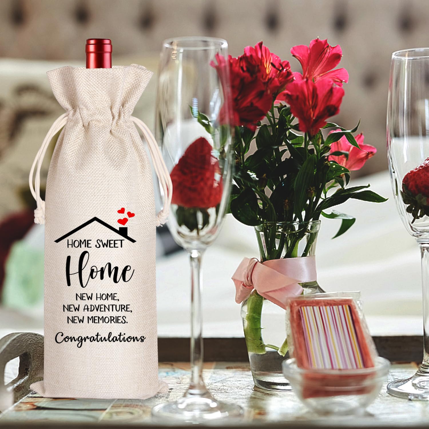 LANBAIHE Elegant Wine Gift Bags for Housewarming - Perfect First Home Gift for Men, Women, Mom, Dad, Friends & Coworkers - New Homeowner Present for Celebrations & Special Occasions - Ideal for House Parties, Anniversary Gifts & Welcoming New Neighbors