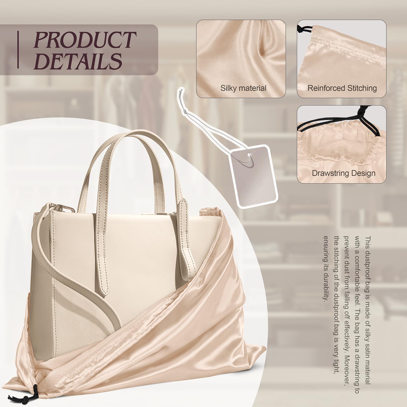 7 Pack Satin Dust Bags for Handbags & Shoes - Premium Silky Beige Drawstring Storage Pouches - Dustproof Protector for Travel, Luxury Handbag & Shoe Storage (19.6