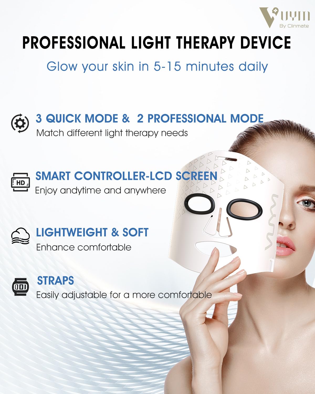 Red Light Therapy Mask for Face - 292 LEDs, 130g Lightweight & 2mm Thin, Cordless with LCD Controller | Infrared Light Therapy for Skin Care, Anti-Aging & Acne Treatment | Perfect for Home Use, Travel & Spa (White)