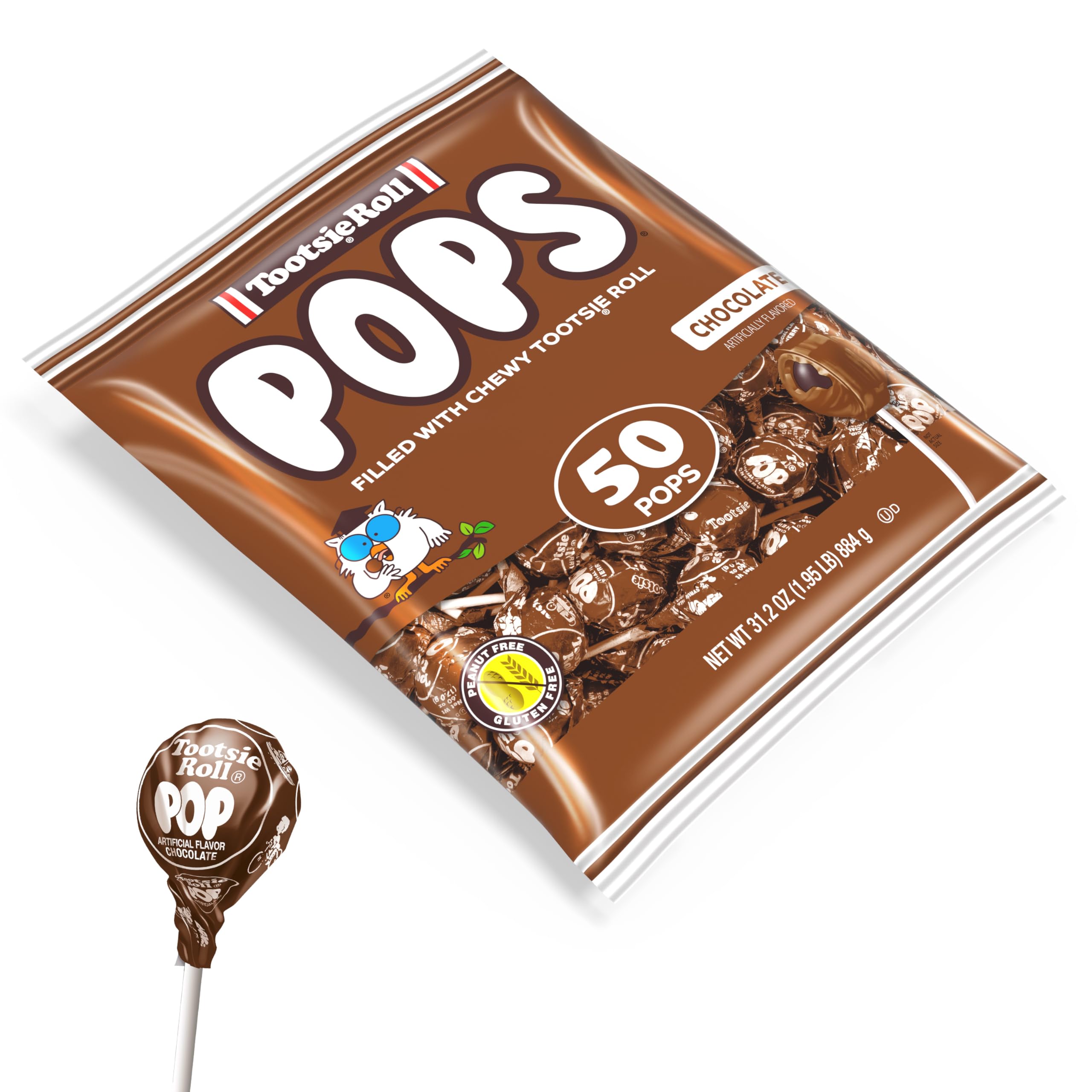 Tootsie Pops Chocolate Flavored Lollipops with Chocolatey Center - 50 Count Individually Wrapped Hard Candy - Peanut Free, Gluten Free Brown Candy - Perfect for Halloween Treats, Party Favors & Office Snacks