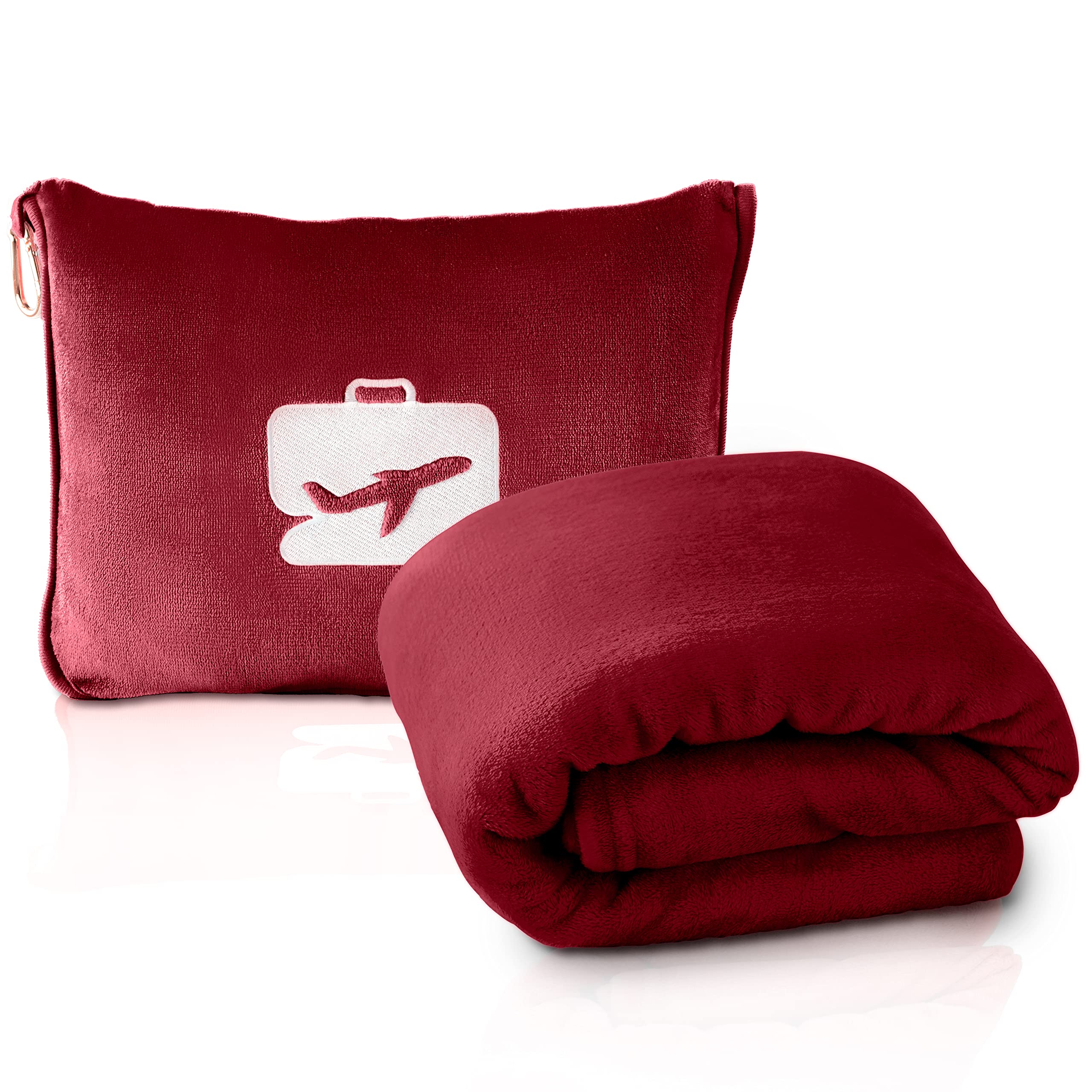 EverSnug Ultra-Soft Travel Blanket & Pillow Set - 65x40 Inch Compact Airplane Blanket with Carry Case, Luggage Sleeve & Backpack Clip - Lightweight Burgundy Travel Accessories for Flights, Camping & Road Trips
