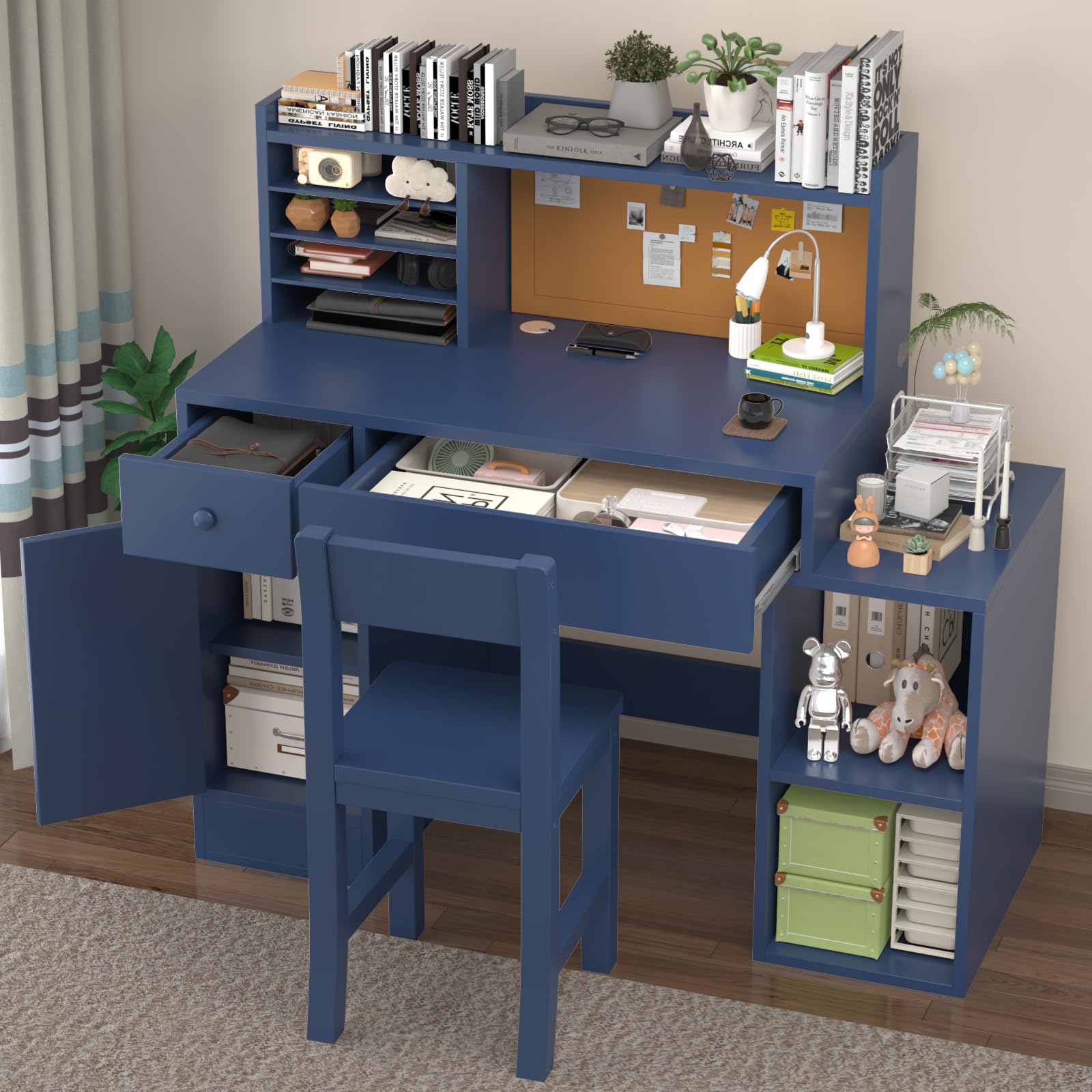 Blue Kids Computer Desk with Chair Set - Study Table with Bulletin Board, Drawers & Storage Cabinets for Children Ages 5-12 | Perfect for Homework, Online Learning & Bedroom Organization