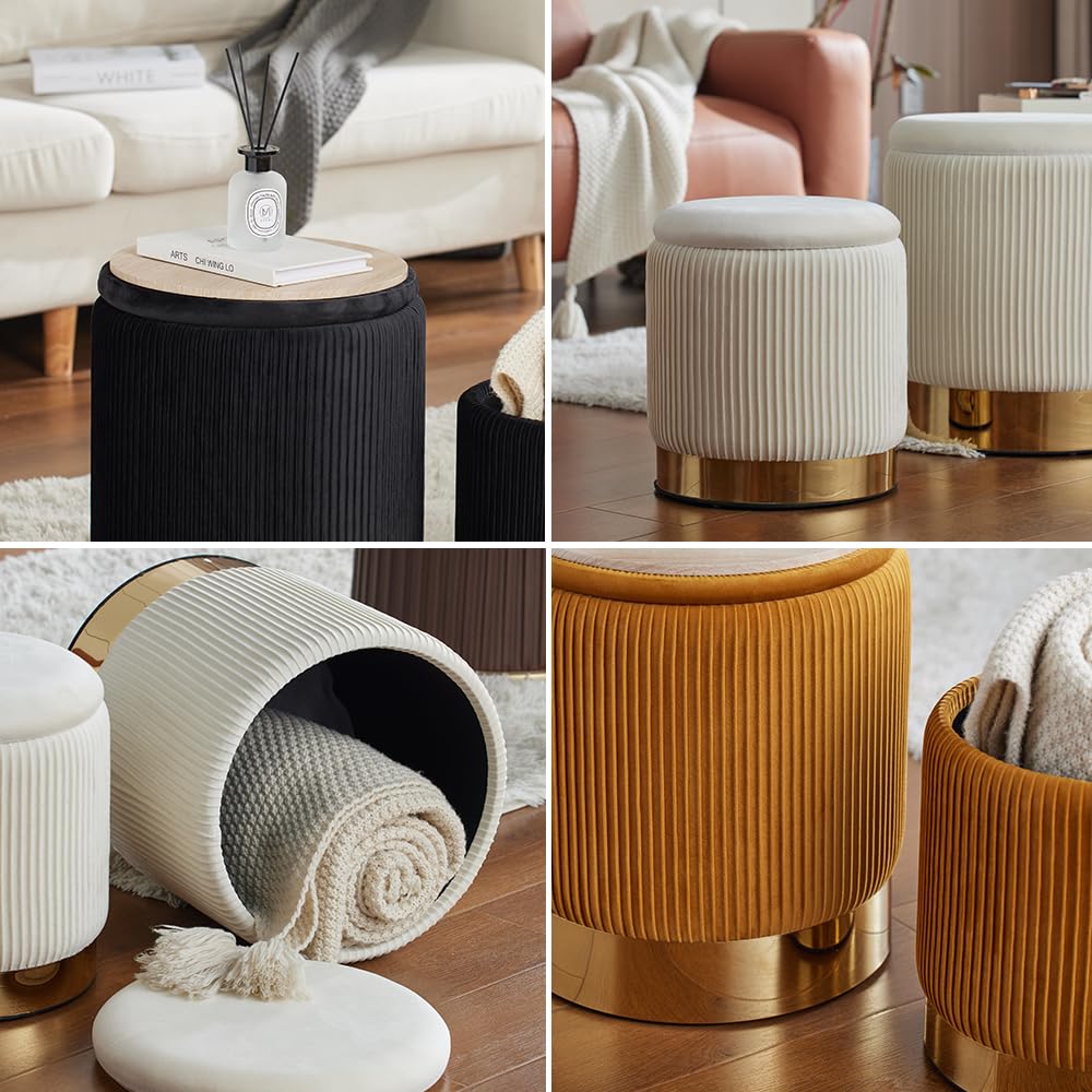 Round Velvet Storage Ottoman Set of 2 - White Upholstered Footrest Pouf with Hidden Storage for Living Room, Bedroom & Dorm - Perfect for Extra Seating, Footrest & Home Organization