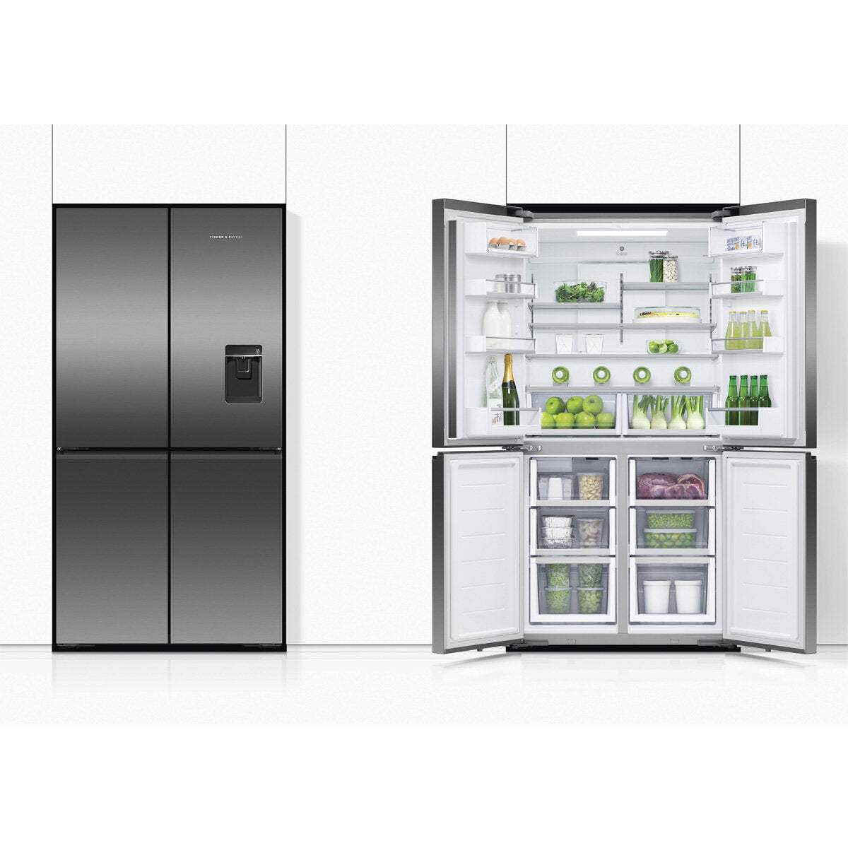 Fisher & Paykel RF605QNUVB1 21.2 cu ft Quad Door Refrigerator with Ice & Water Dispenser - Black Stainless Steel | Perfect for Modern Kitchens & Large Families