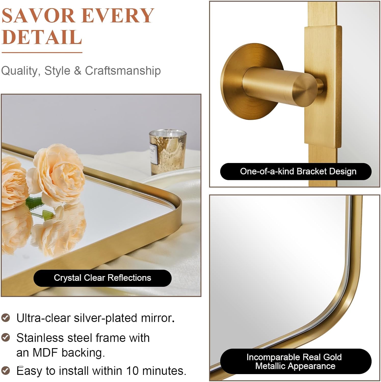 Modern Gold Tilting Rectangle Pivot Mirror - Stainless Steel Frame Bathroom Wall Mirror for Vanity, Makeup & Home Decor - Perfect for Small Spaces & Modern Interiors