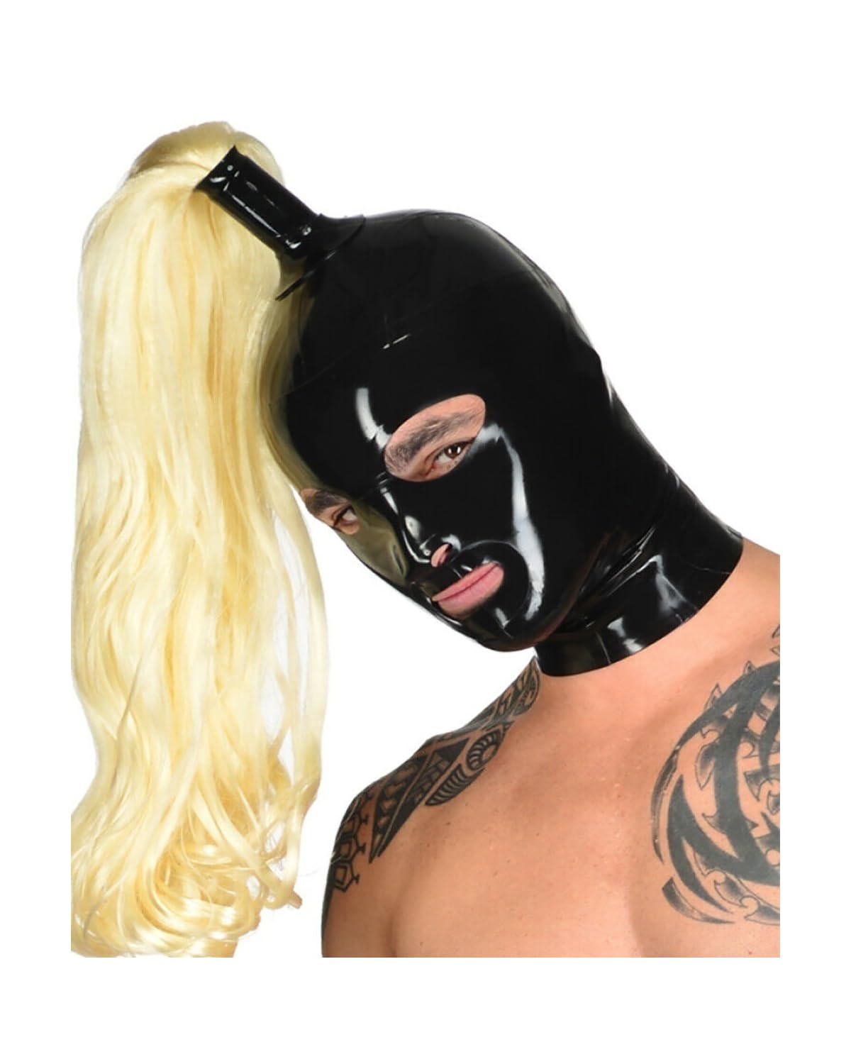 Sexy Latex Mask with Wavy Wig Hood - 0.4mm Thick Fetish Mask for Cosplay, Role Play & BDSM - Unique Halloween Costume Accessory for Adults