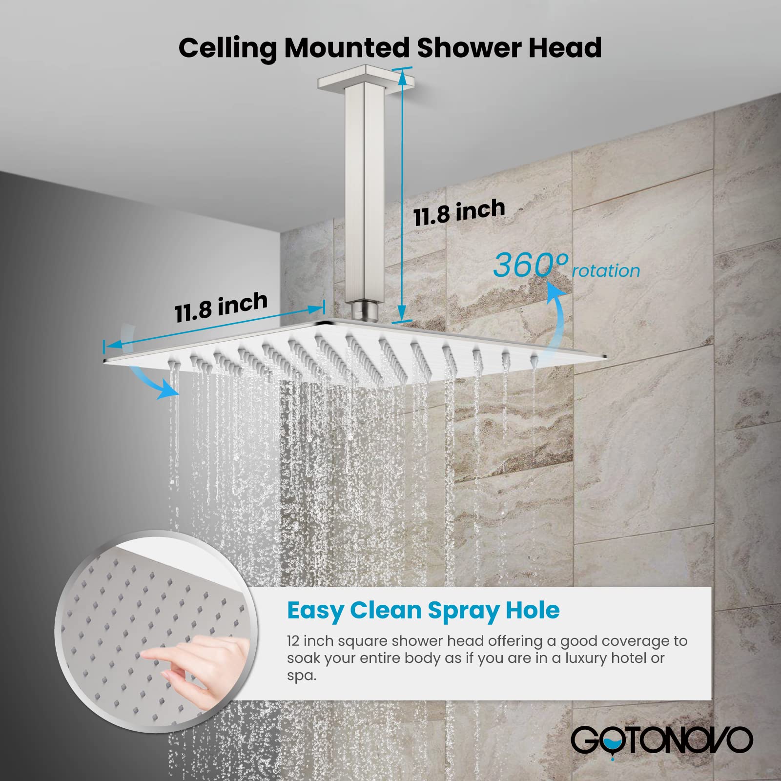 Gotonovo 12 Inch Square Ceiling Mount Rainfall Shower System - Brushed Nickel 2-in-1 Shower Faucet Set with Handheld Showerhead & Rough-in Valve for Modern Bathroom Remodel | Spa-Like Shower Experience for Luxury Homes & Hotels