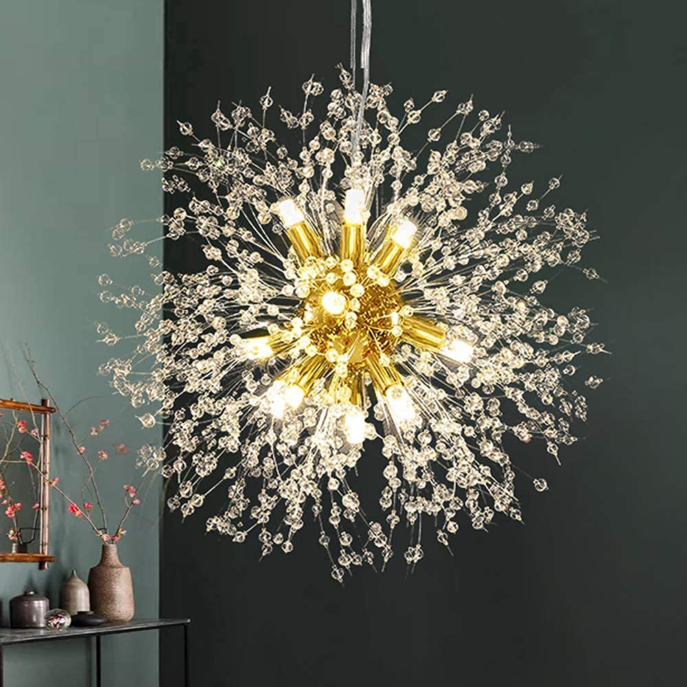 Vikaey Modern Dandelion Firework Chandelier - 12-Light Gold Crystal Pendant Lighting for Dining Room, Living Room, Bedroom, Entryway & Bathroom | Elegant Ceiling Fixture for Home Decor, Wedding & Luxury Interior Design