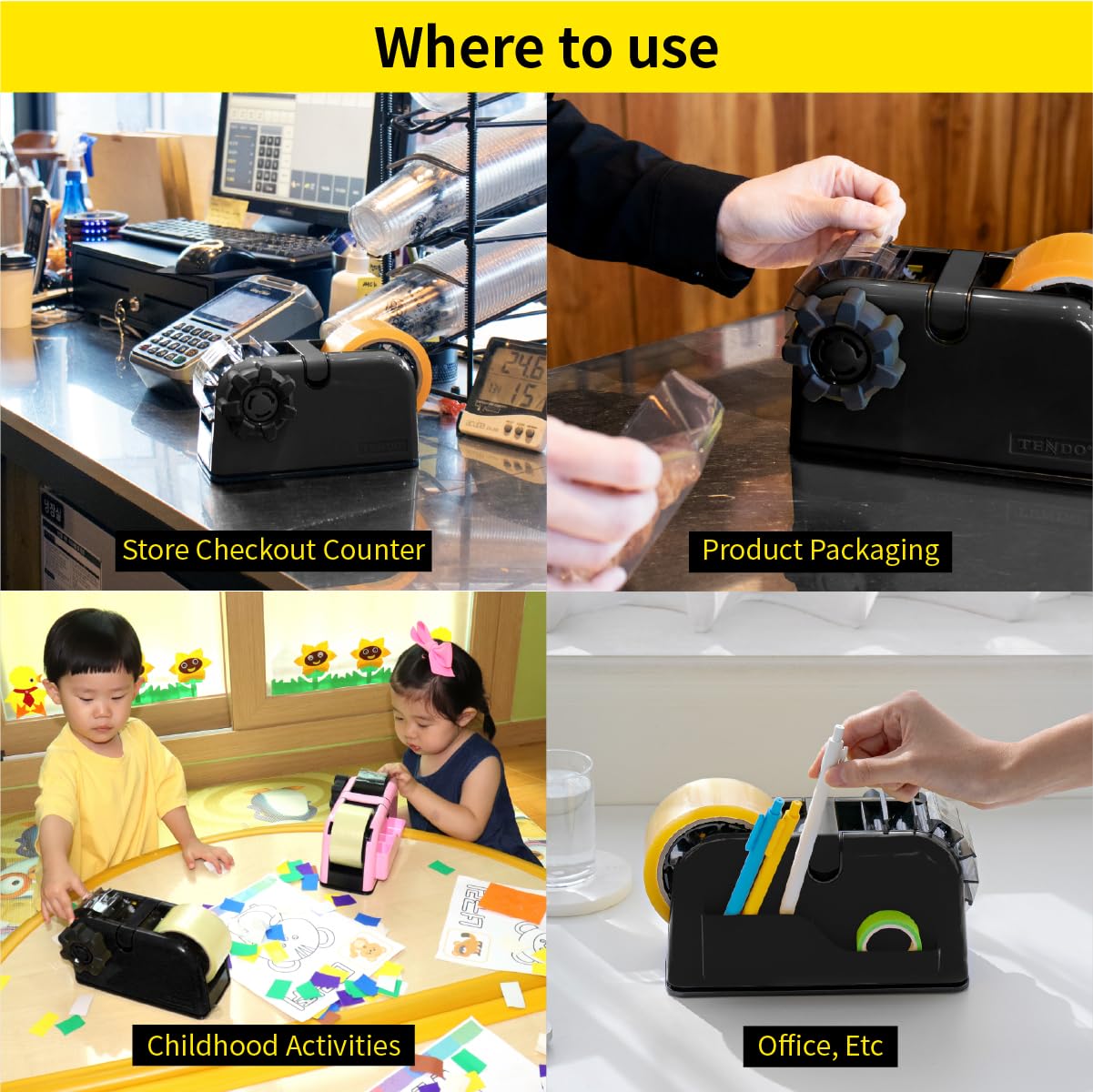 TENDO Multi-Section Tape Dispenser ZO-508 - Adjustable Tape Cutter for Custom Widths (Black) | Perfect for Packaging, Shipping & Office Organization