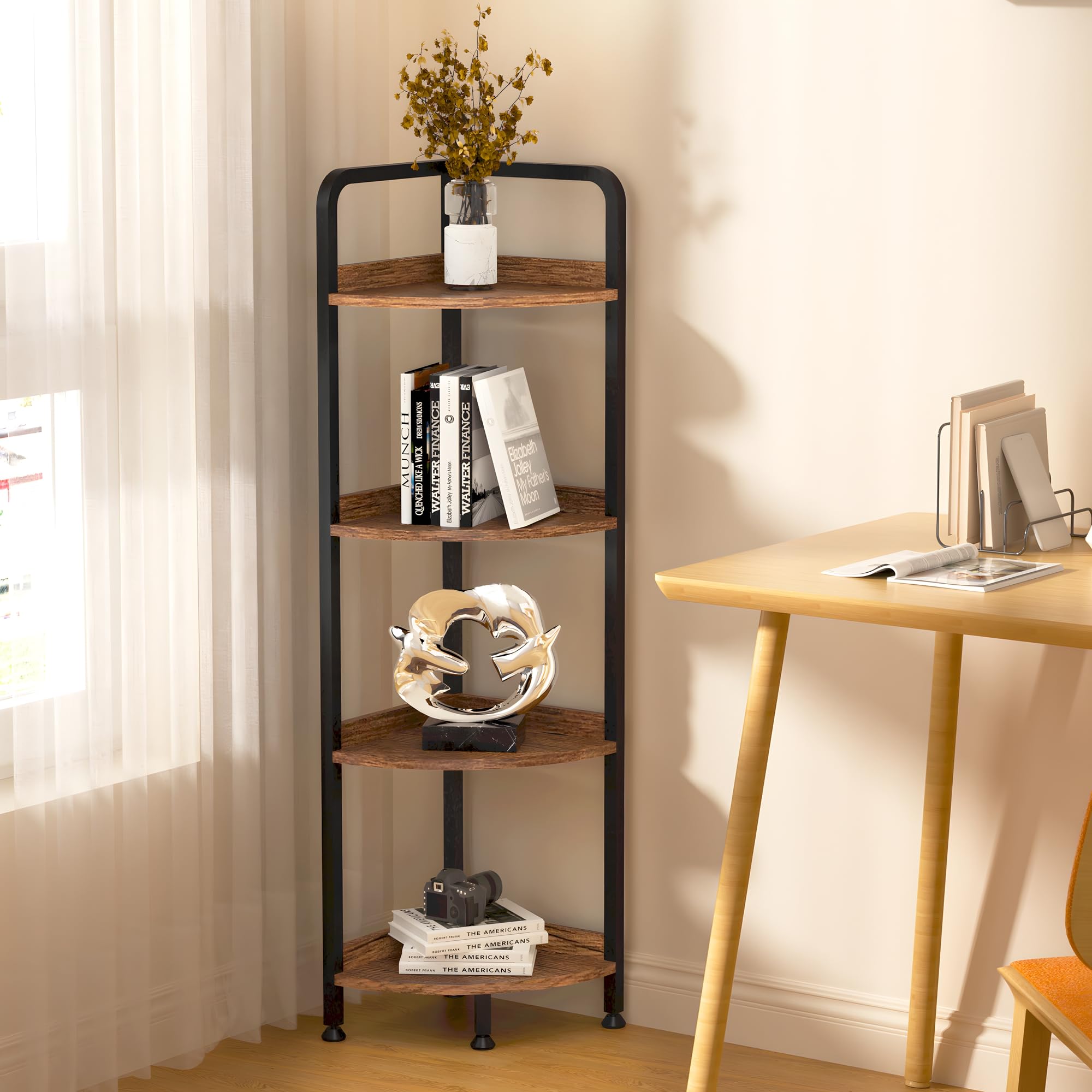 4-Tier Corner Shelf Stand - Rustic Brown Metal Frame Multi-Purpose Display & Storage Unit for Books, Plants & Decor | Perfect for Living Room, Home Office & Small Spaces