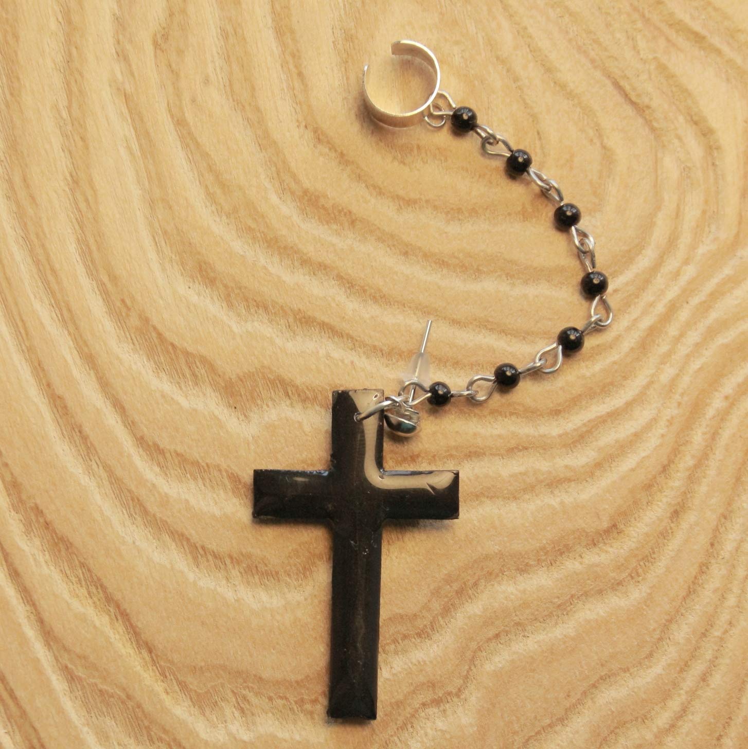 Handmade Gothic Cross Ear Cuff - Black Polymer Clay Stud Earrings with Beaded Chain - Epoxy Resin Jewelry for Women - Perfect for Halloween, Gothic Fashion & Alternative Style