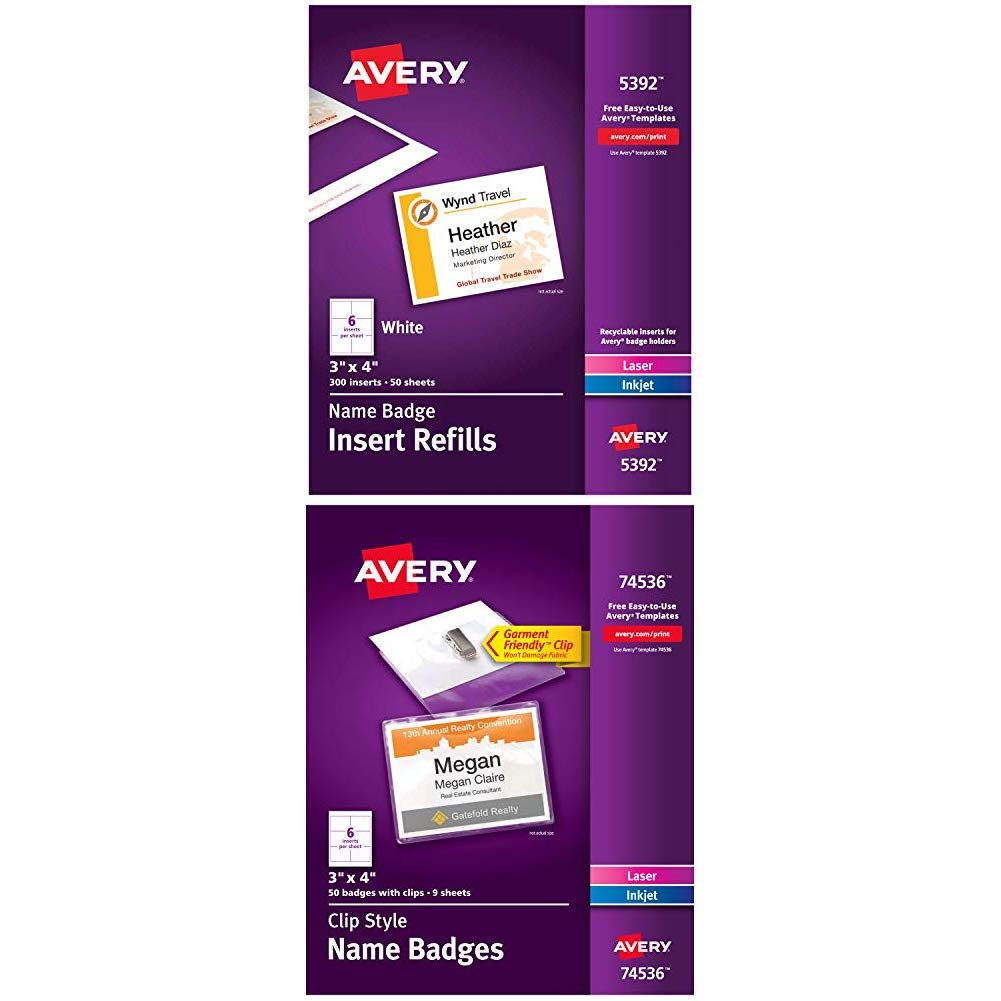 Avery Name Badge Inserts & Clip Badges Kit - 300 White Cardstock Refills (5392) + 50 Inserts & Badge Holders (74536) - 3