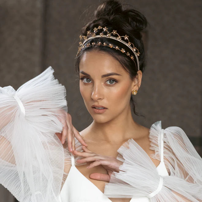 A'el Este Amelia Gold Bridal Floral Headband - Elegant Wedding Hair Accessory for Brides, Bridesmaids & Special Occasions