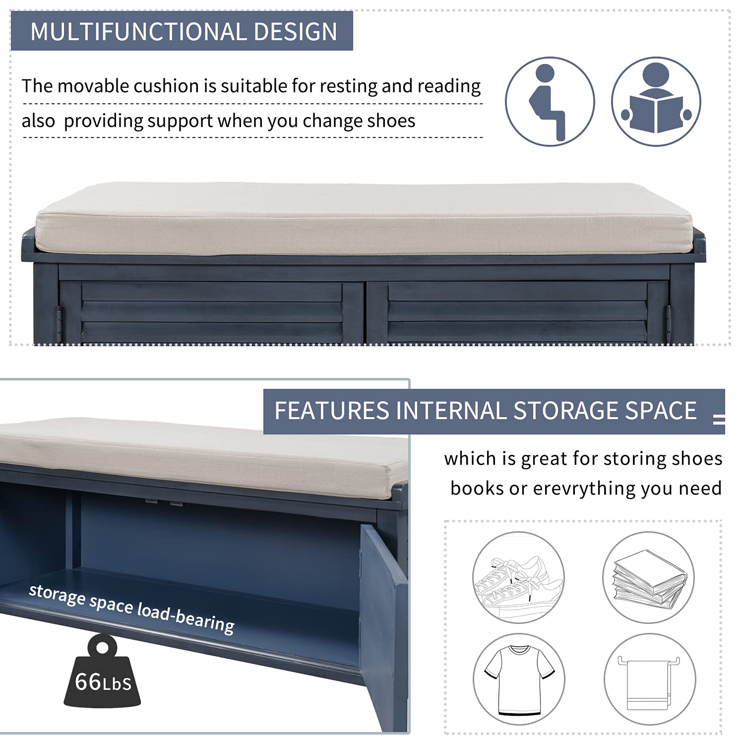 Solid Wood Entryway Storage Bench with Removable Cushion & 2 Doors - Louver Shoe Bench for Hallway, Living Room, Bedroom - Navy Blue Organizer for Shoes, Hats & Home Decor