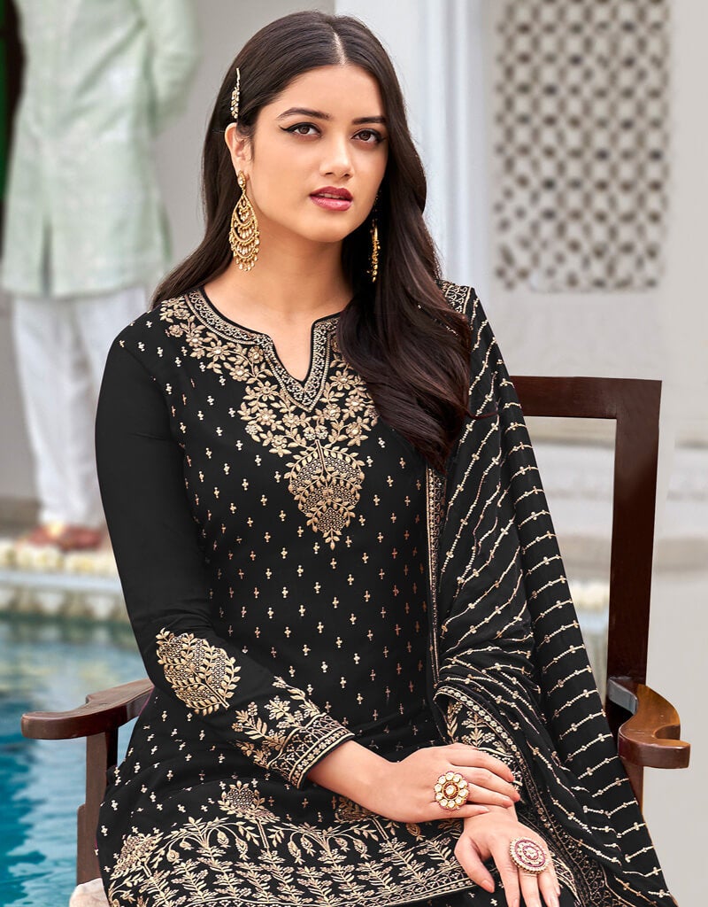 Elegant Black Palazzo Style Salwar Suit - Faux Georgette Fabric for Women's Ethnic Wear | Perfect for Weddings, Parties & Festive Occasions