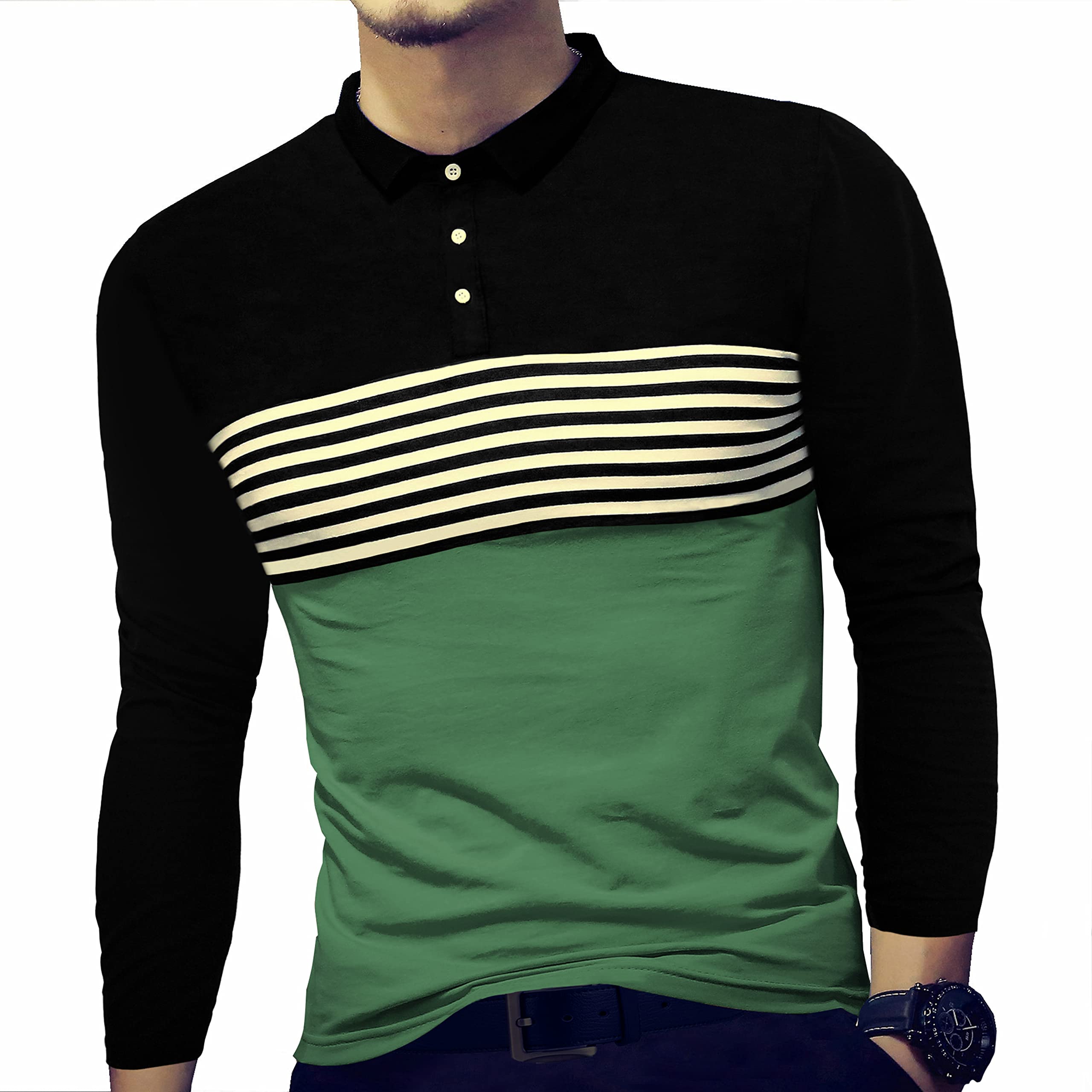 LOGEEYAR Men's Slim Fit Contrast Color Stripe Long Sleeve Polo Shirt - Casual Business & Weekend Wear for Office, Dating & Outdoor Activities