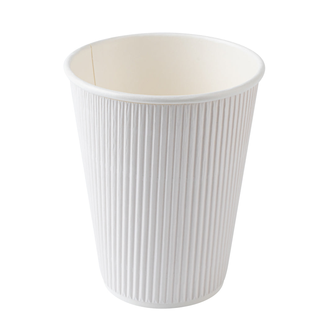12 oz White Paper Ripple Wall Coffee Cups with White Lids - 3.5