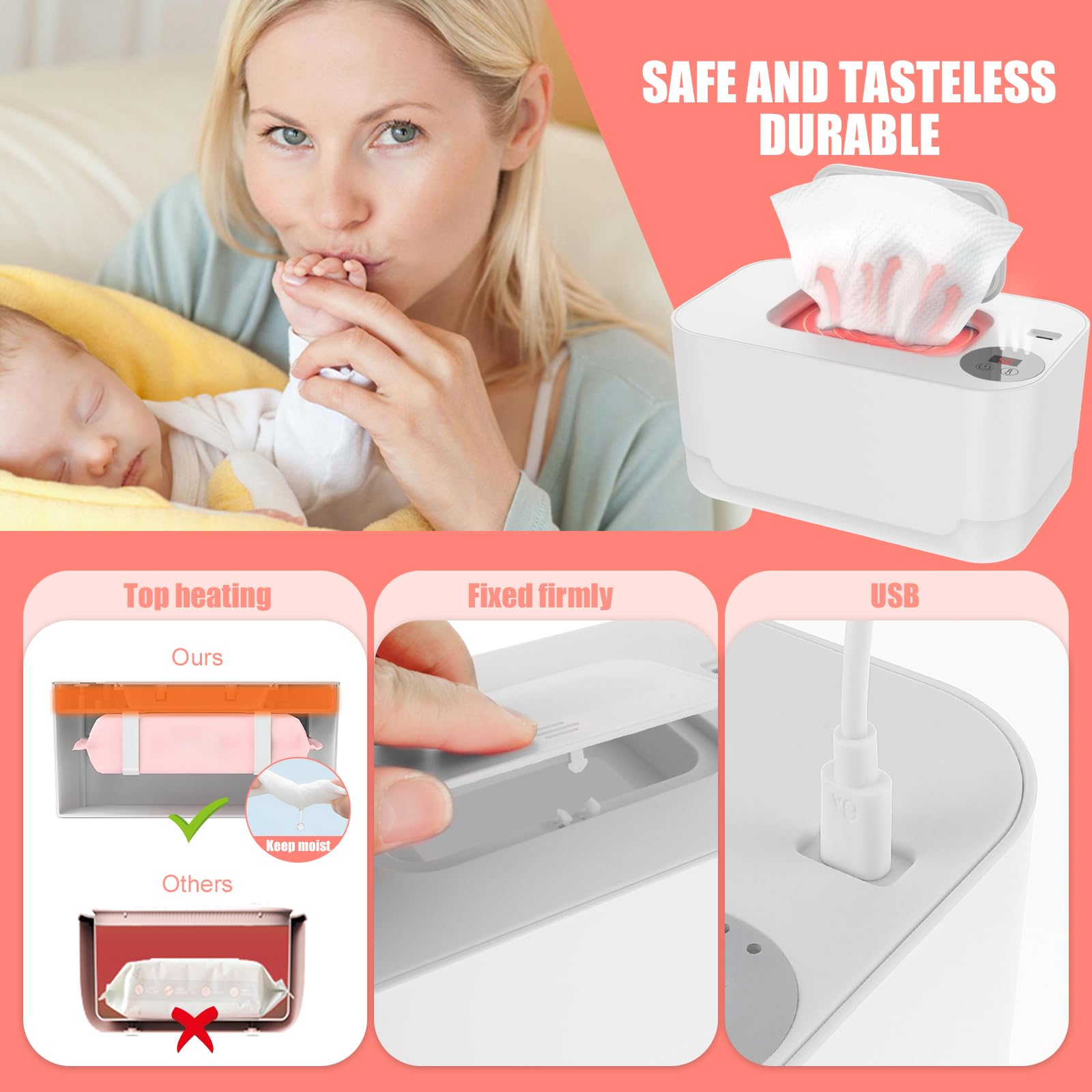Abizarch Portable Baby Wipe Warmer with LED Light & USB Power - Adjustable Temperature 40-55°C - Keeps Wipes Warm & Moist for Diaper Changes, Baby Care - Perfect for Nursery, Travel & On-the-Go Parents