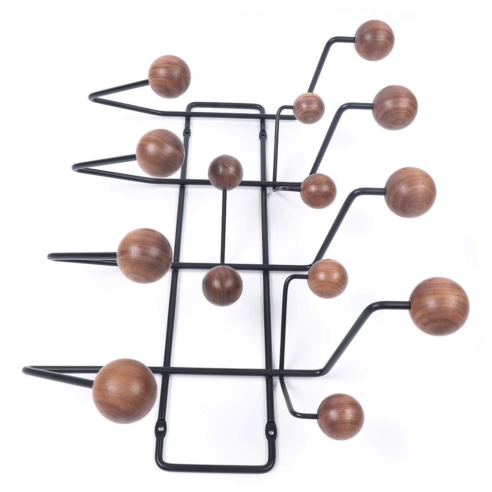 Modern Walnut Wooden Ball Wall Mounted Coat Hooks - Sturdy Metal Clothes & Hat Hanger for Entryway, Bedroom & Mudroom Organization