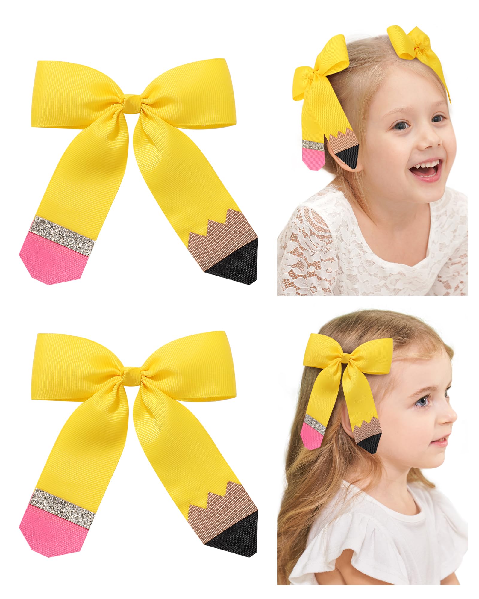 2PCS 4.5 Inch Yellow Hair Bows for Girls - Baby Hair Clips with Pencil Ribbon Design, Alligator Clips Hair Accessories for Toddlers, Kids & Teens | Perfect for School, Parties & Everyday Wear