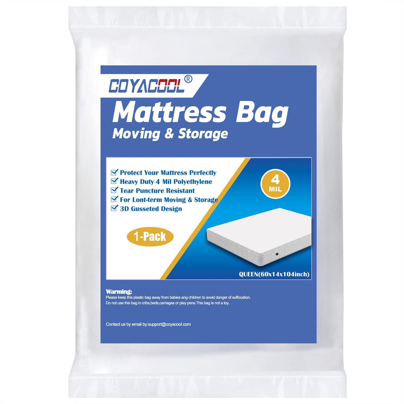 Queen Size Mattress Storage Bag - 4 Mil Heavy Duty, Tear & Puncture Resistant Plastic Mattress Protector for Moving & Disposal - Extra Thick Mattress Cover by Coyacool - Perfect for Home Storage, Moving Houses & Long-Term Mattress Protection
